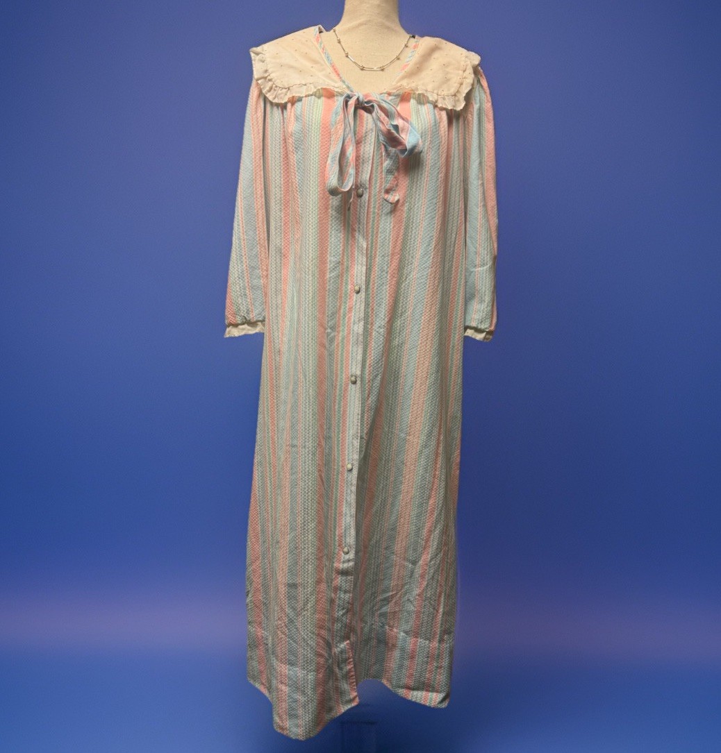 Vtg Nightgown Pastel Stripes Cotton Prairie Cottagecore Patchwork Dolly Kawaii
