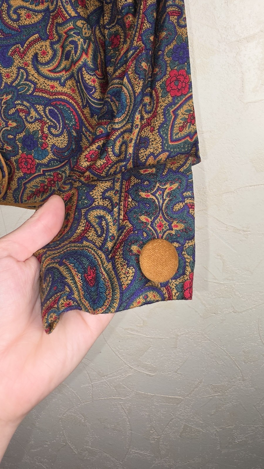 Vtg 80s Leslie Fay Jewel Tone Paisley Bolero Blazer Cropped jacket boho Large