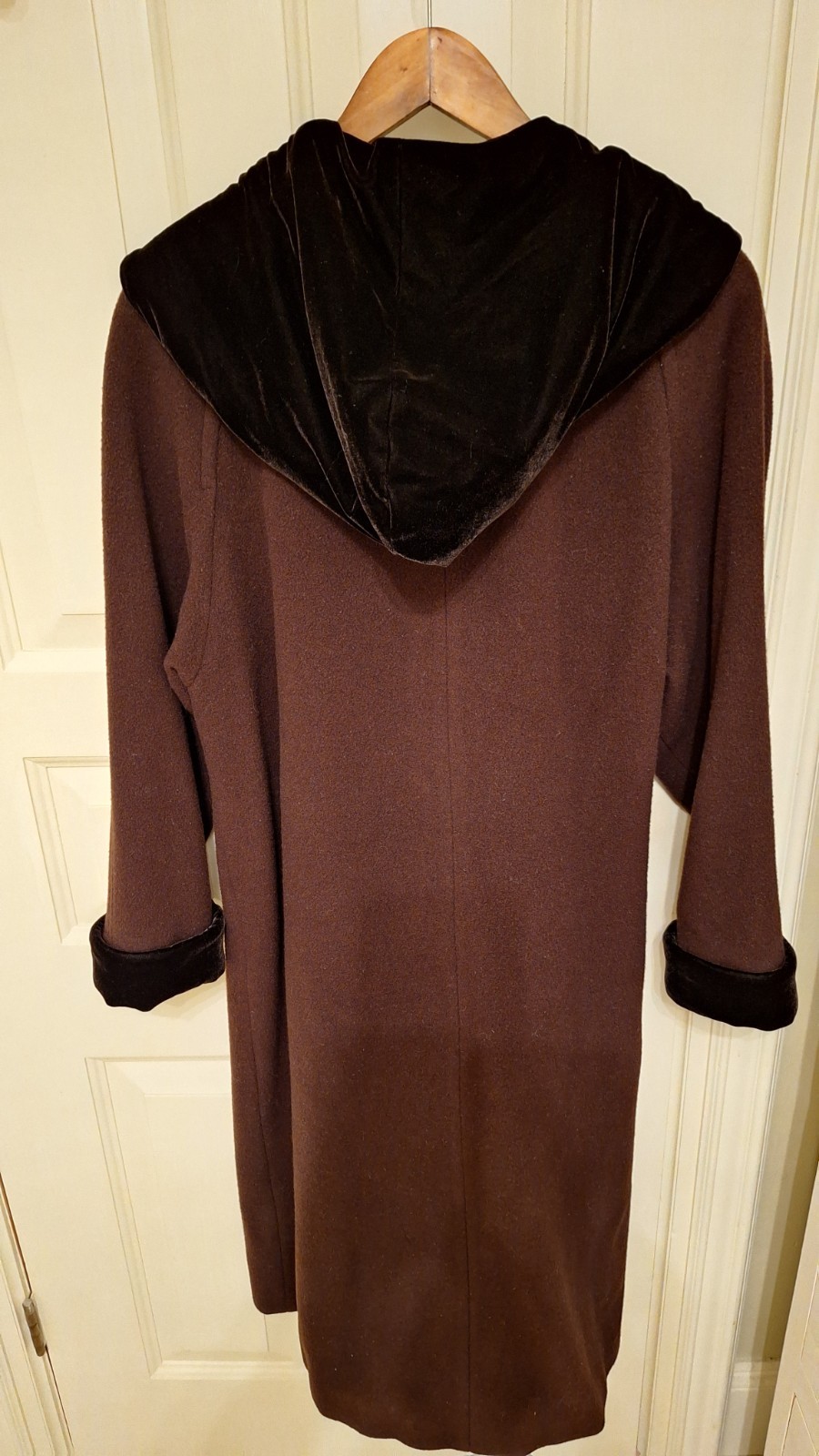 Halston Wool Hooded Coat In Chocolate Brown With Black Velvet Trim and Buttons.
