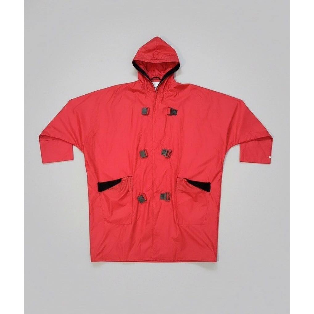 Vintage Pappagallo Red Vinyl Raincoat Hooded Buckle Jacket Oversized L XL