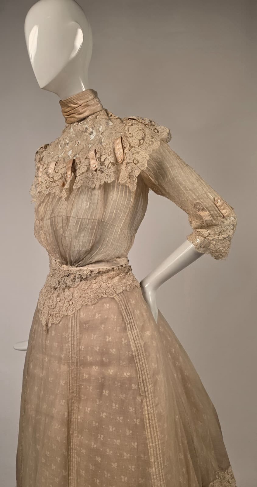 ETHEREAL EARLY EDWARDIAN COTTON ORGANDY DRESS W SPIDERWEB LACE + RICH RUFFLES