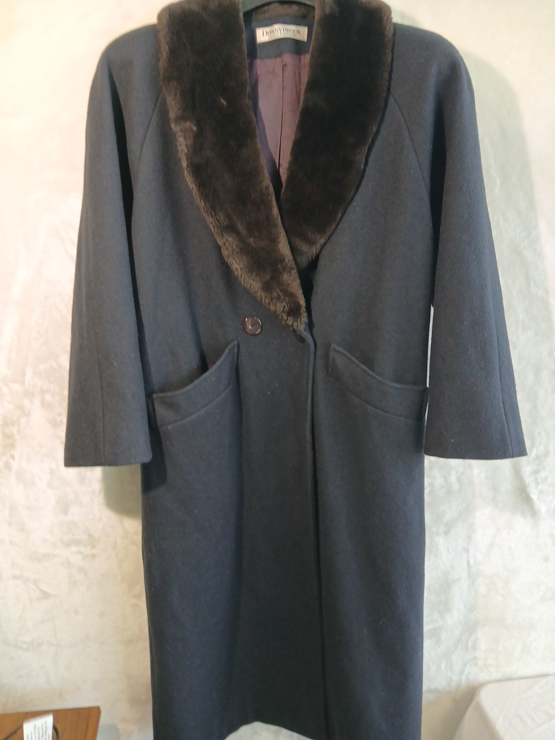 Vintage Women’s Dark Blue Wool Coat W Brown Faux Fur Collar Made In Usa, Size 6