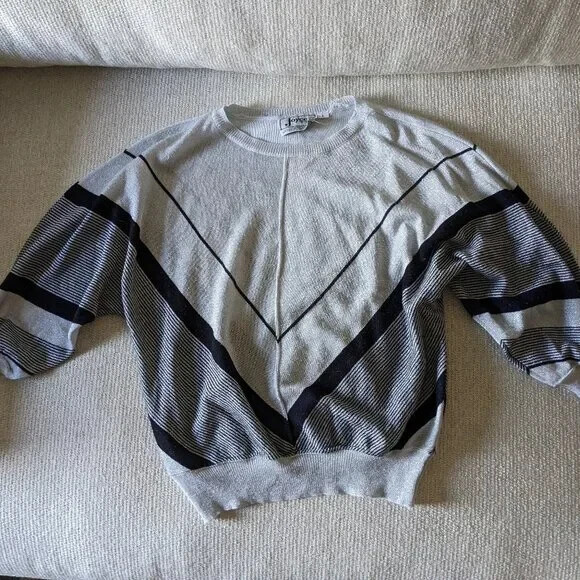 Vintage 1980s Joyce Sportswear Metallic Silver Black Symmetric V Stripe Pullover