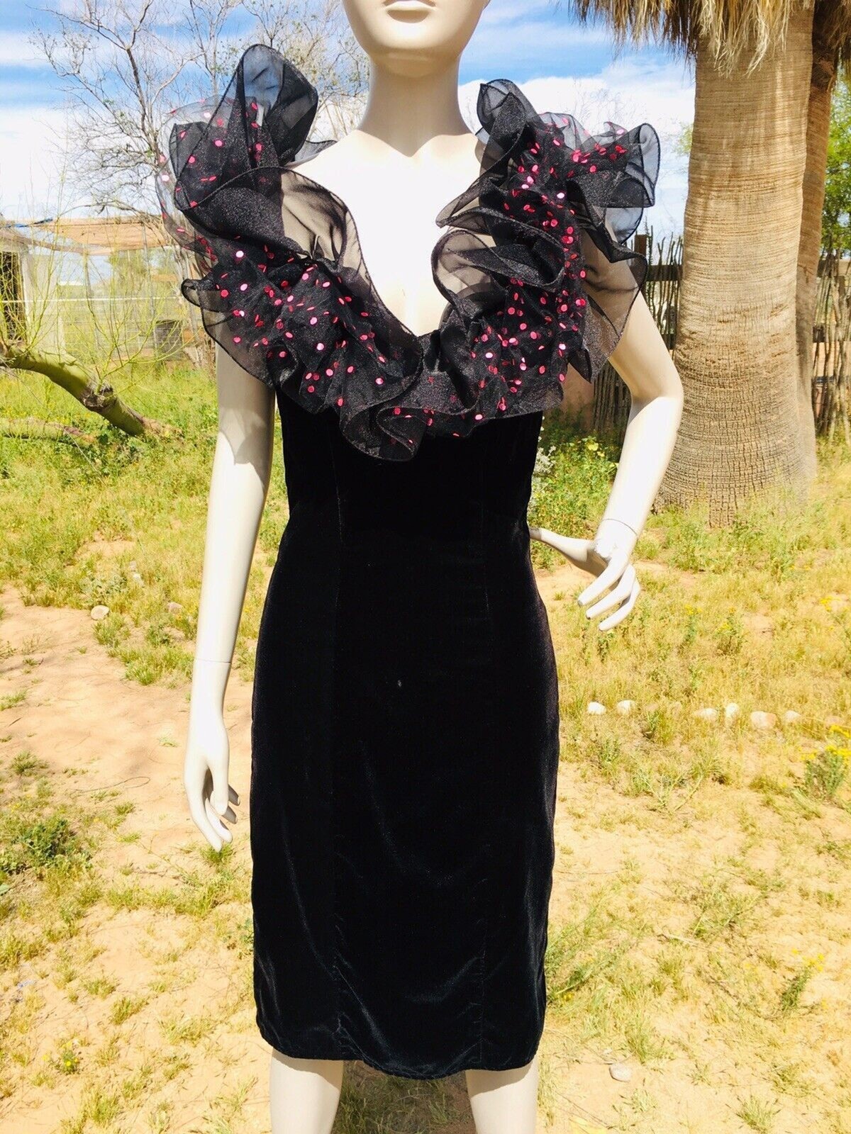 VTG 90s LORALIE Velvet Wiggle Pencil Dress Avant Garde Puffy Tulle Ruffle Sleeve