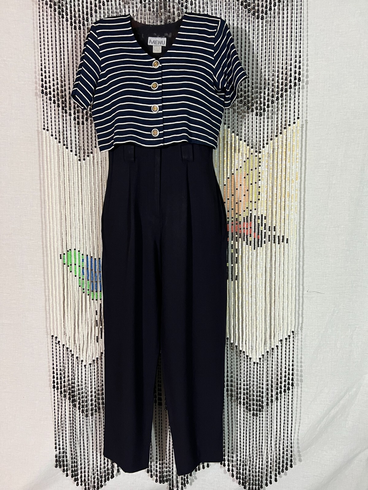 VTG 80s MENU Jumpsuit Navy Blue Attached White Striped Cropped Jacket Disco SZ 6