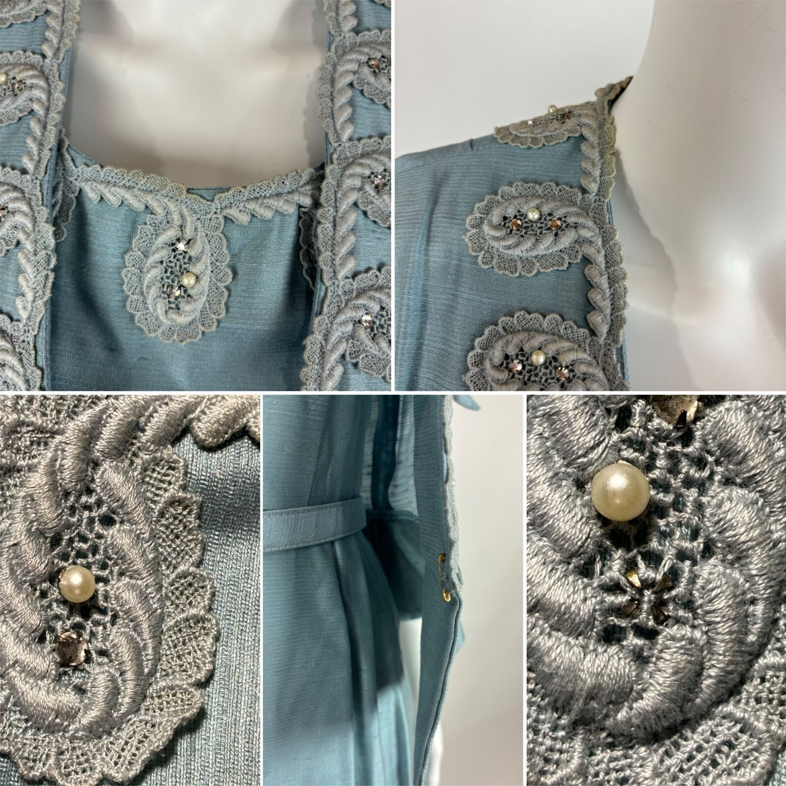 Vintage 1950s Dress Set Women’s Small Faux Silk Blue Cocktail Outfit Ann Kauffma