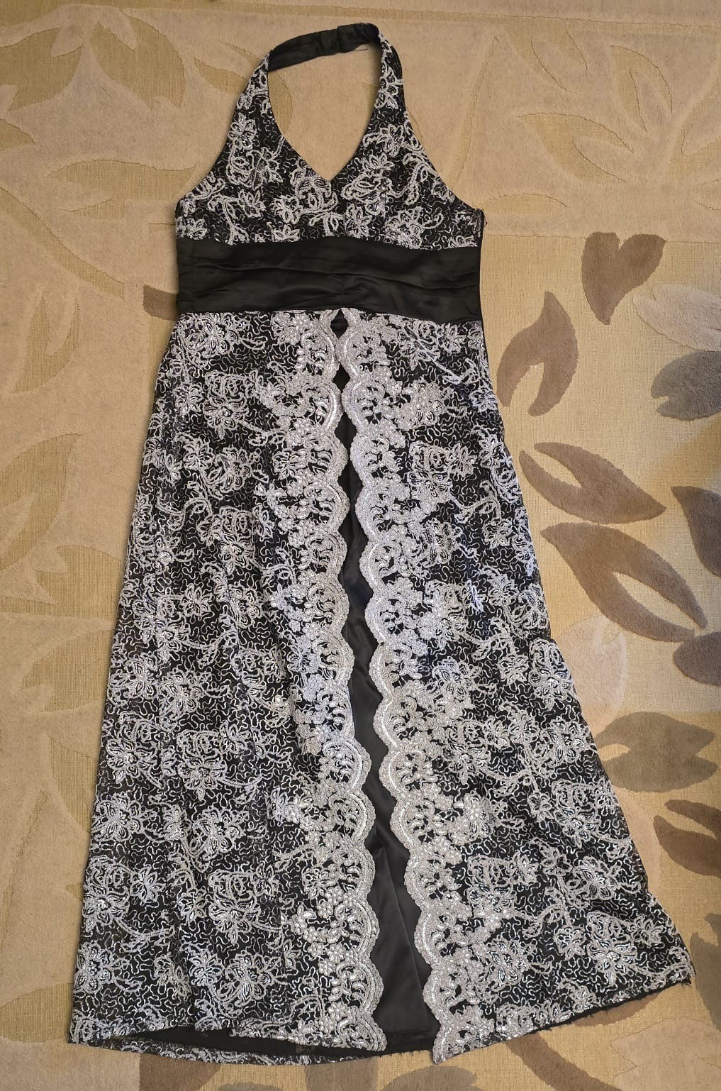 Vintage Black Silver Lace Halter Formal Evening Dress Prom Gown