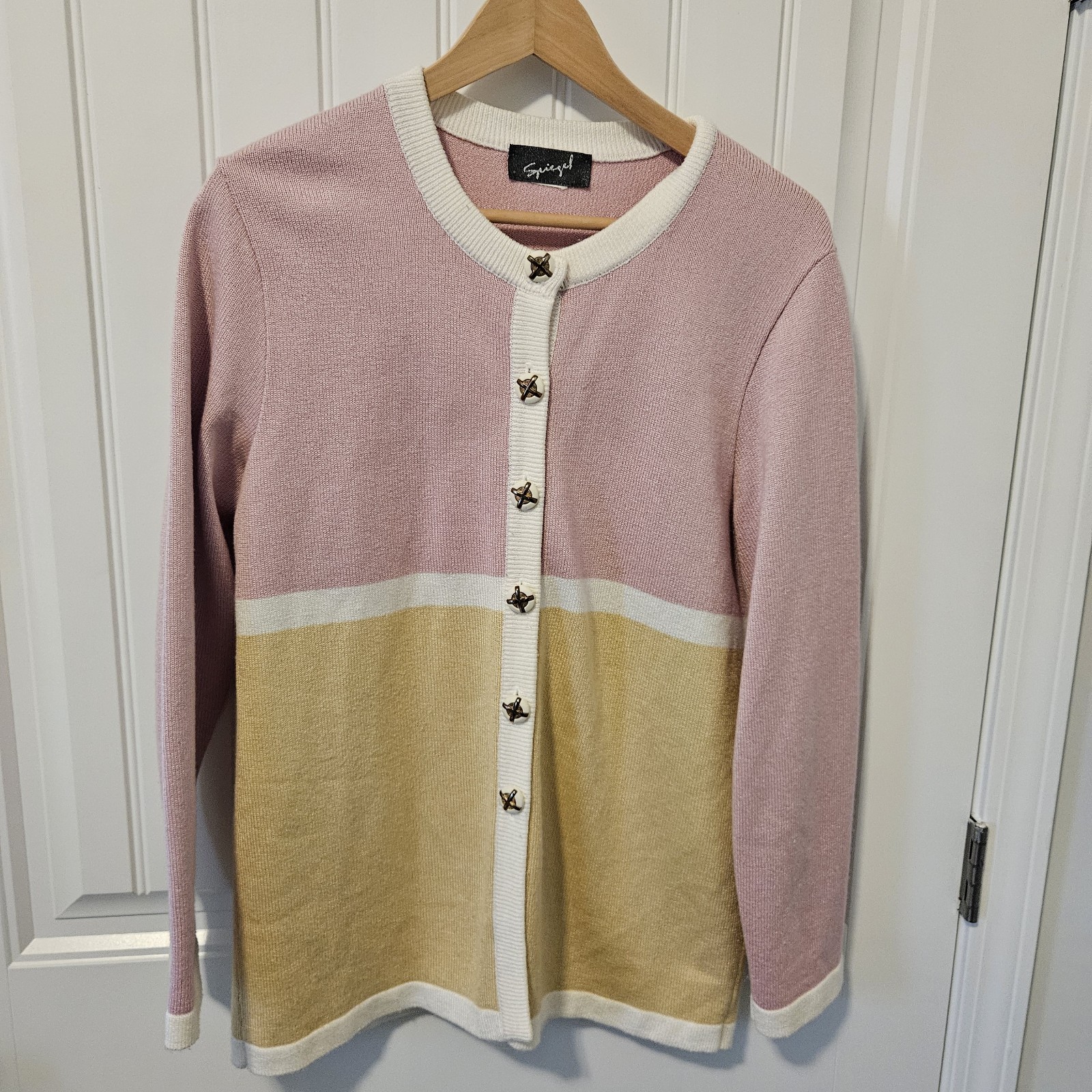 Vintage 80s Spiegel Colorblock Cardigan Sweater Pink Yellow Creme Large Granny