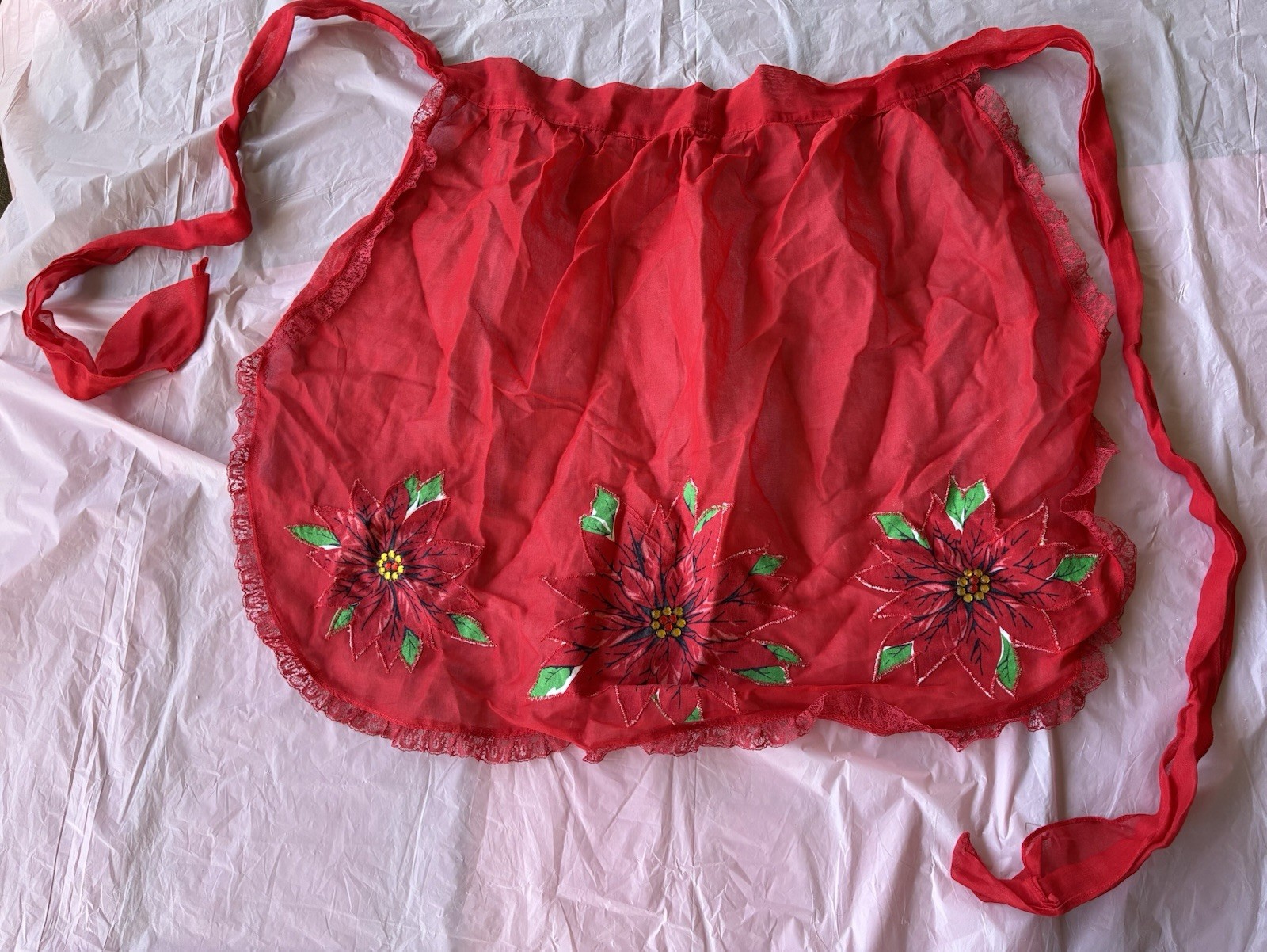 Vintage 80s Women’s Apron Poinsettia Red Kitchen Holiday Retro Sz OSFM