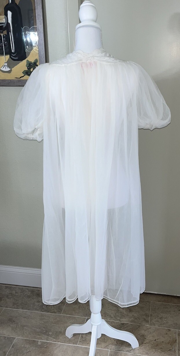 Vintage Avian Peignoir Nightgown And Robe Set White Lace Trim Sheer Small Nylon
