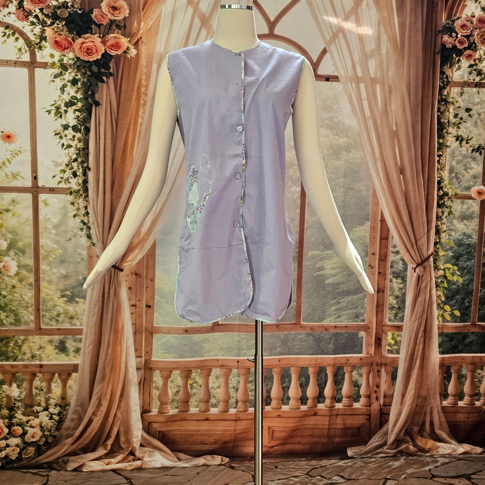 Vintage 1960s Housedress Minidress Pinafore Dress Lilac Purple Teapot Applique