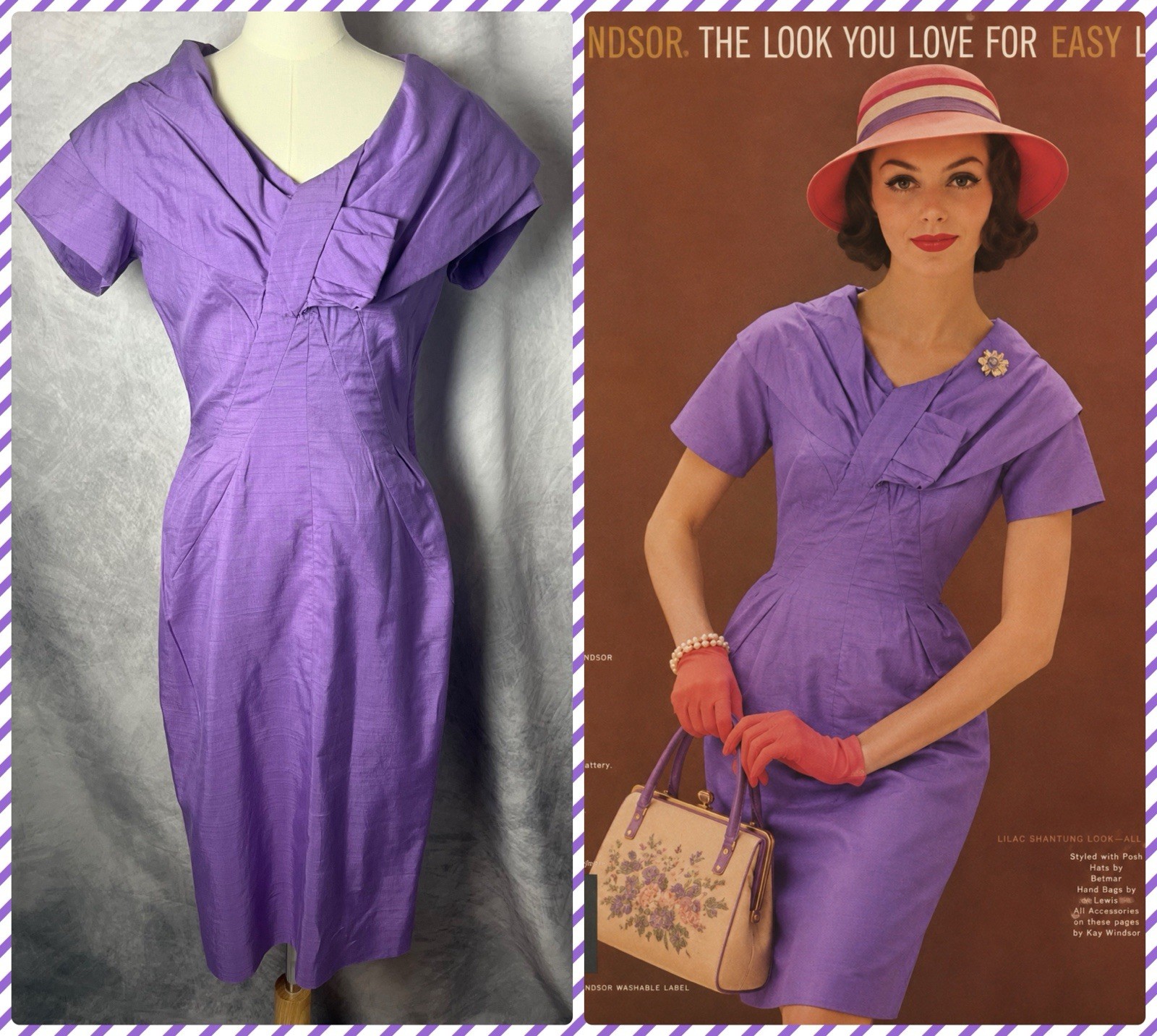 Vintage 1950s Kay Carter Purple Fitted Sheath Wiggle Dress Portrait Collar Sz S