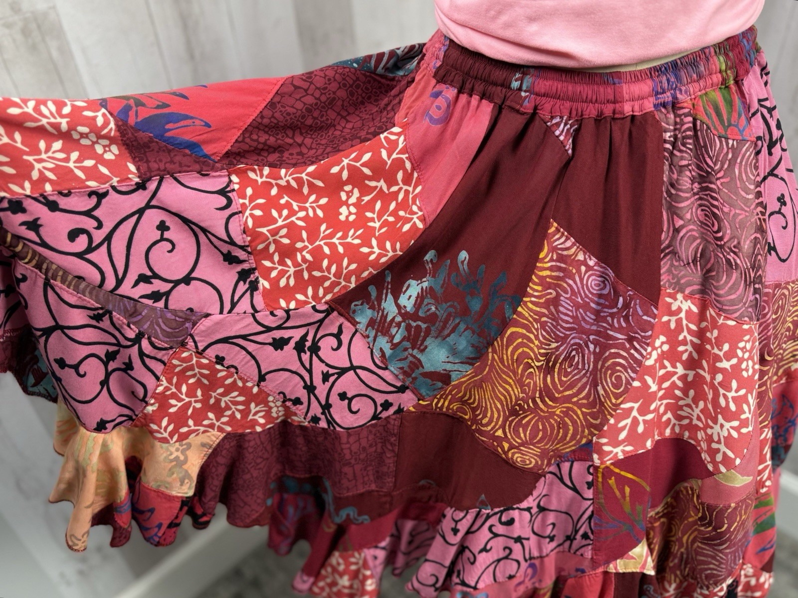 Vintage 1980s Patchwork Skirt Elastic Waist Hot Pink/Magenta +Free Bonus Top M/L