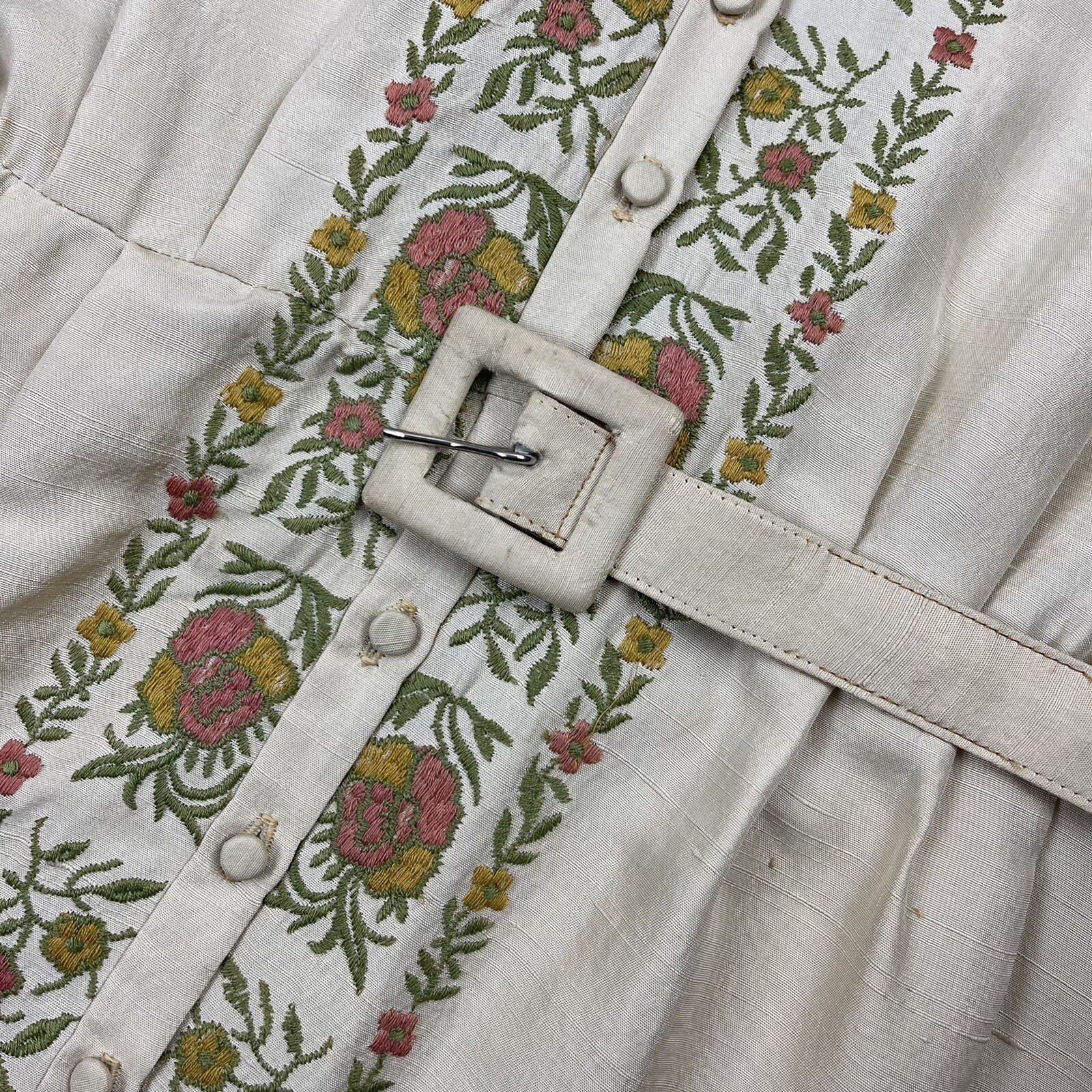 Vintage l 70s M Carlye Silk Floral Embroidery Ruffle Tie Cuff Pockets Belt Dress