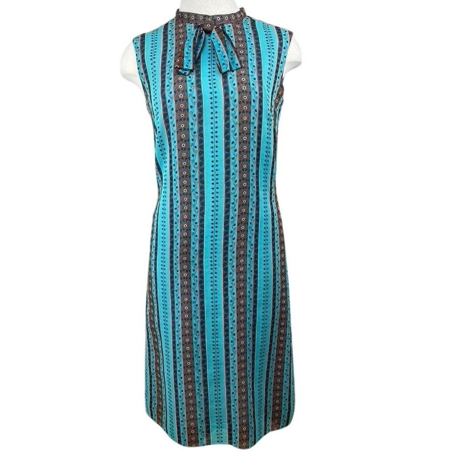 Vintage 60s DORVILLE Womens (14) Blue Shift Dress Midi Bow Office Siren_Flaw