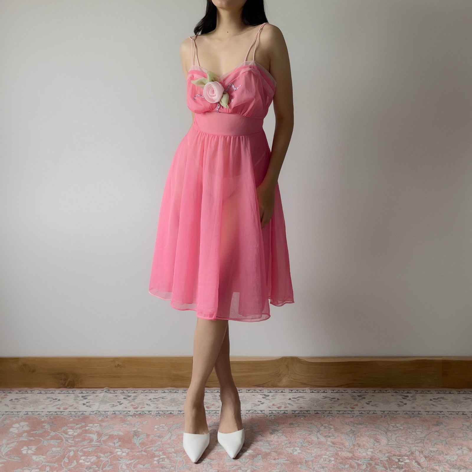 Vintage 1980s Pink Chiffon Semi-Sheer Nightgown (S–M)