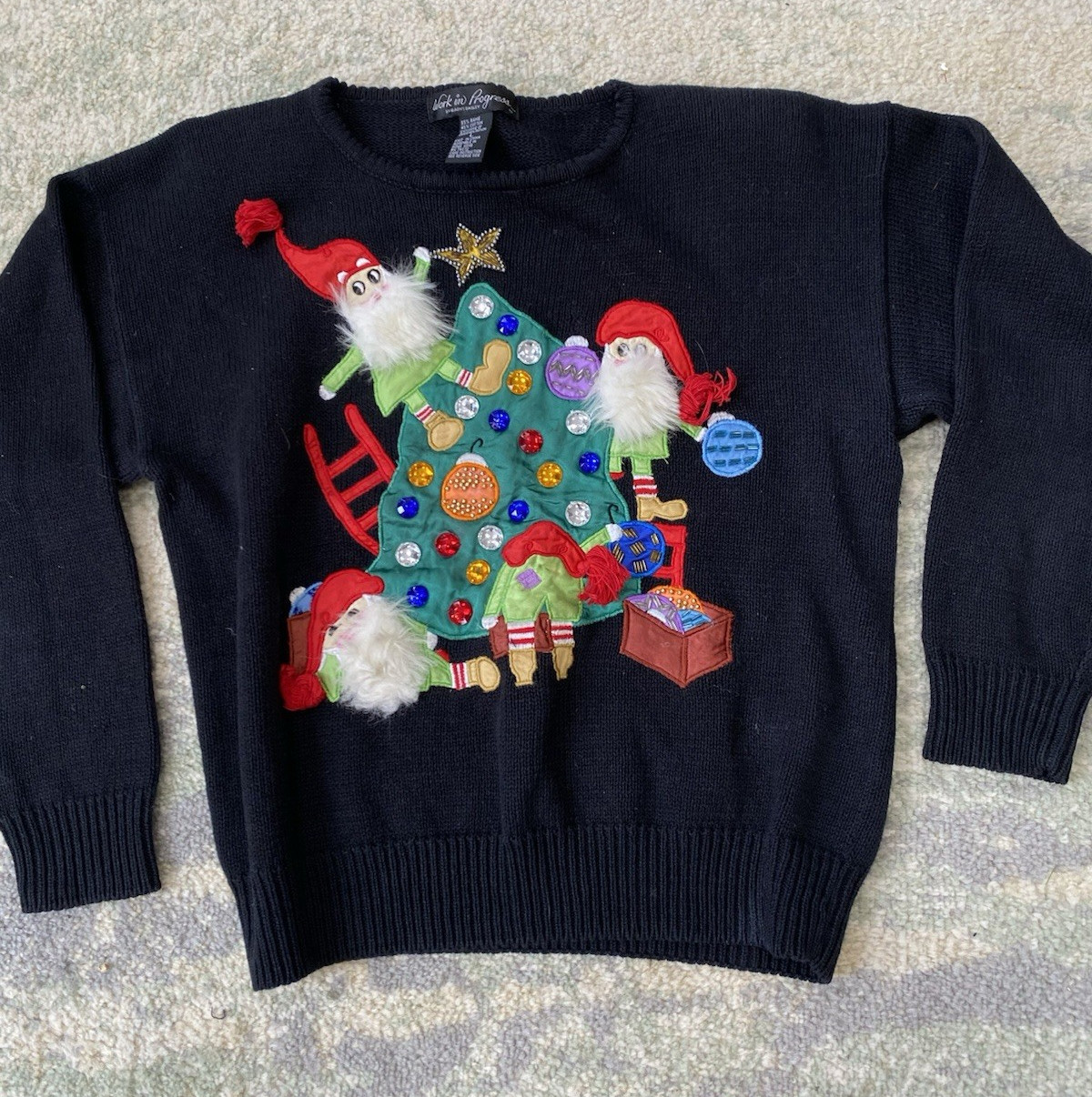 Work In Progress Vintage Size L Christmas Scene Sweater Black Gladys Bagley