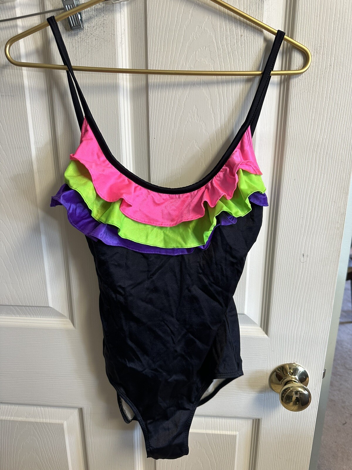 SUNBIRD Swimsuit Small 28 Neon Stretch Built In Bra Colorblock Black VNT 80s 90s