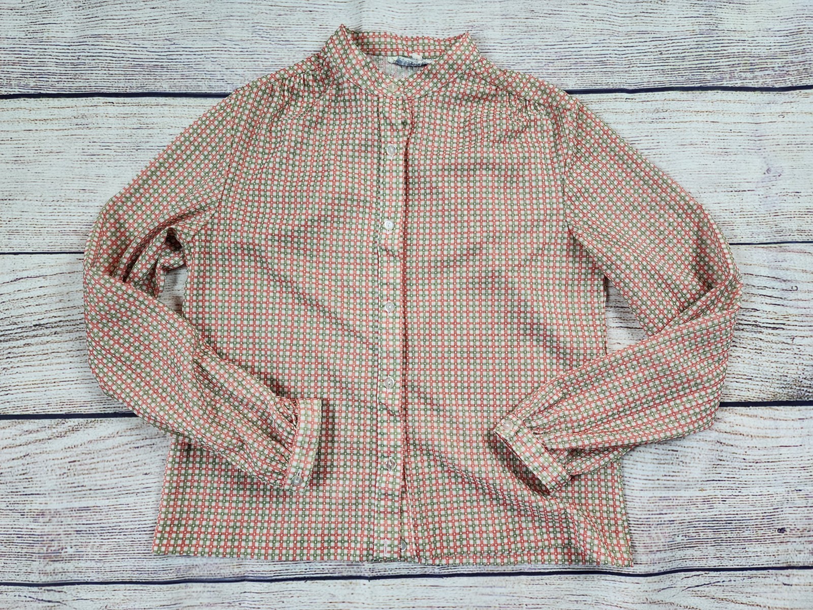 VTG 70s Sears Knit Boutique Large Green Pink Checkered Button Up Shirt Prairie
