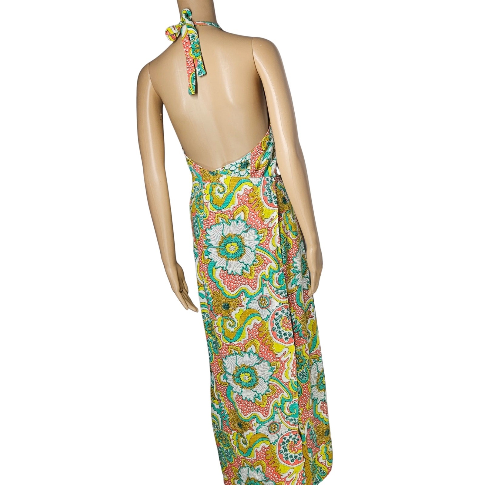 70s Wrap Maxi Dress Yellow Handmade Floral Vintage Strappy Backless 2 pc Size S