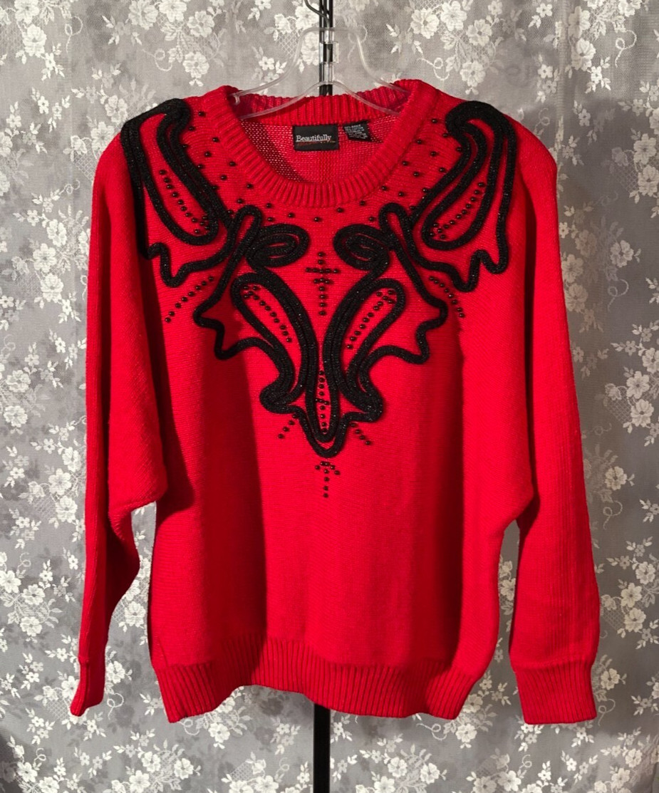 Vintage 80s Red Sweater Size Large 1980s Retro Art Nouveau Goth Glam Dramatic