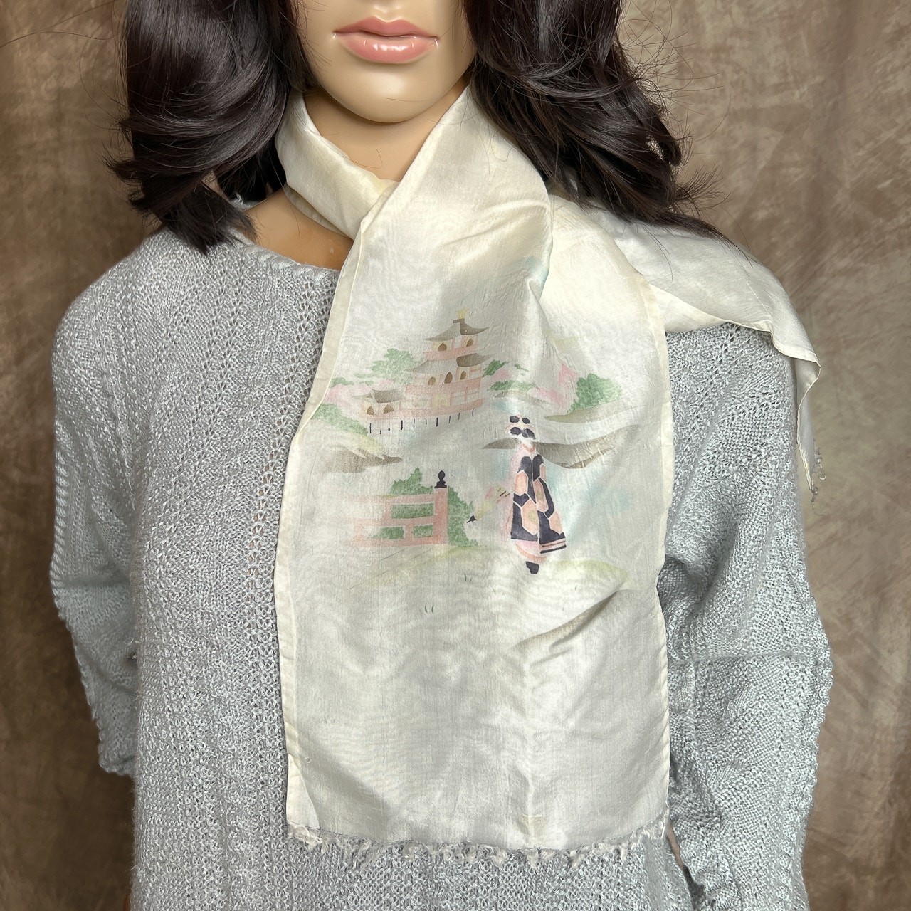 Vintage 40s Japanese Painted Geisha Kimono Garden Pagoda Scarf Multicolor Fringe