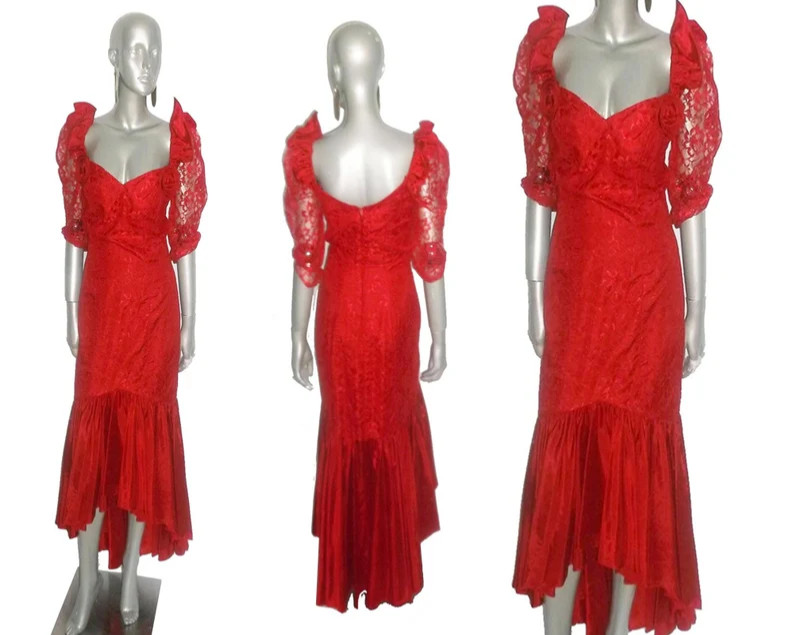 VTG Red Bridals Originals ILGWU High Low Lace Taffeta Multi-functional Dress 10