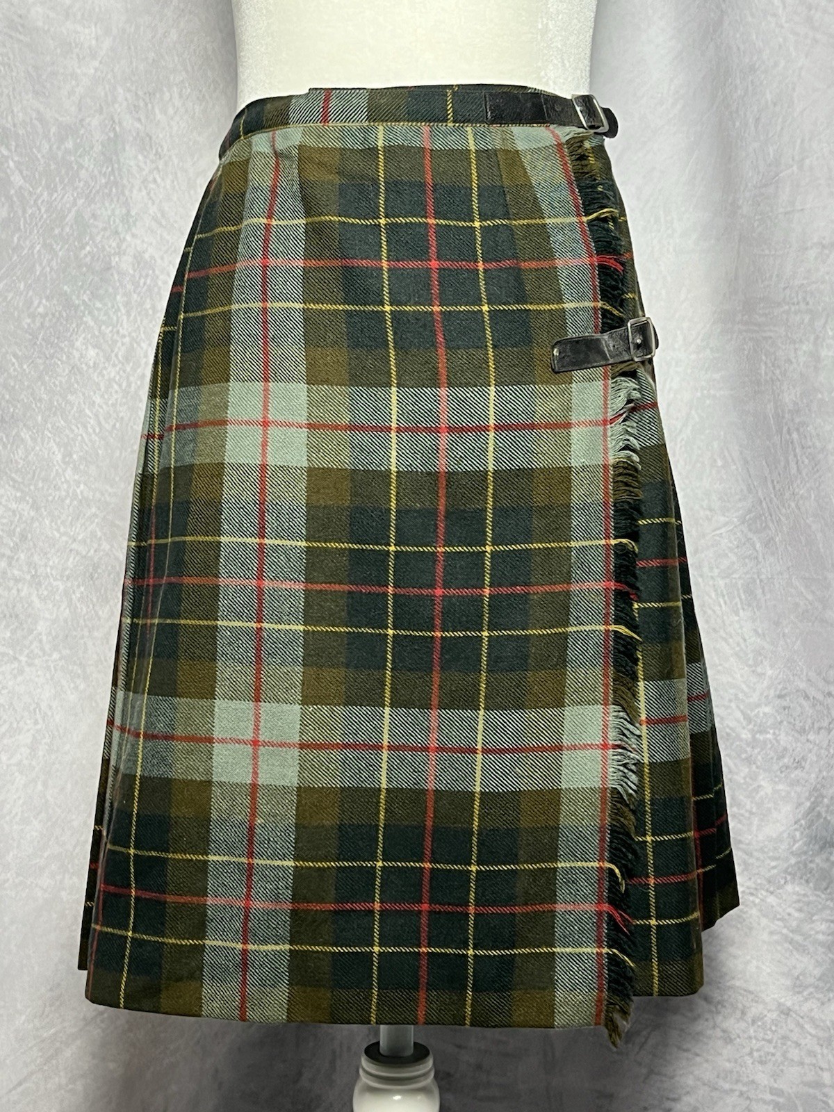 Vintage 1960s W. Bill Ltd Green Wool Tartan Wrap Skirt Pleated Buckle Straps UK