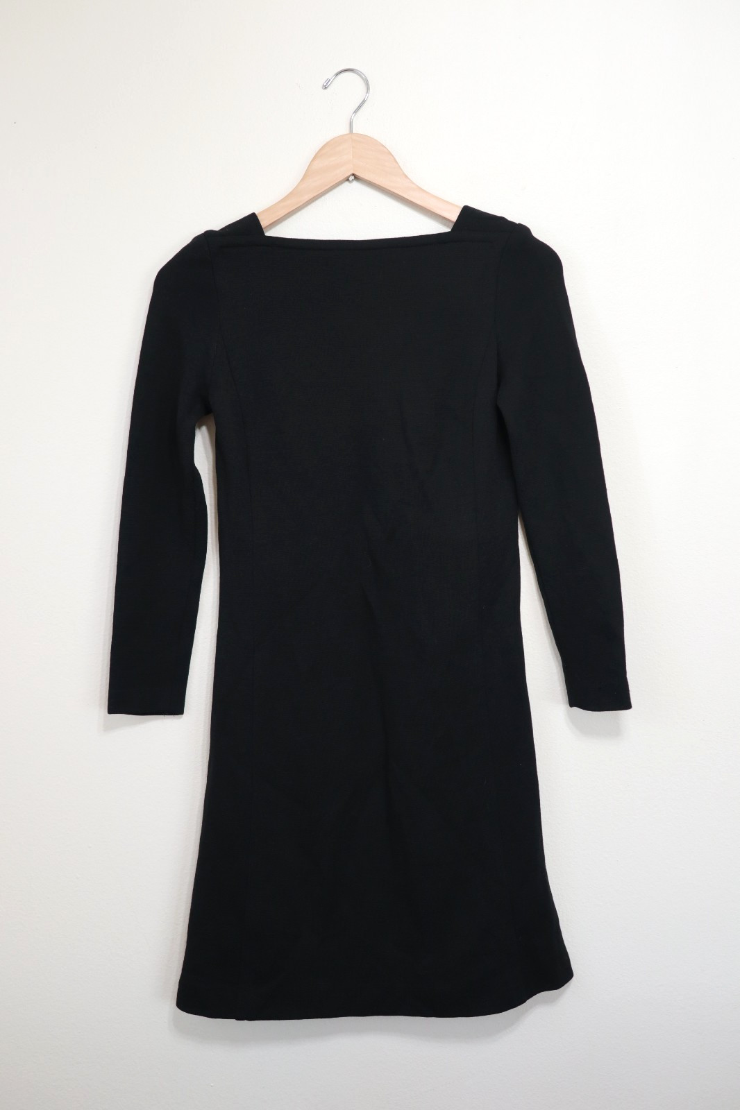 60s Vintage Black Knit Jersey Square Neck Long Sleeve Slim Shift Dress Women XS