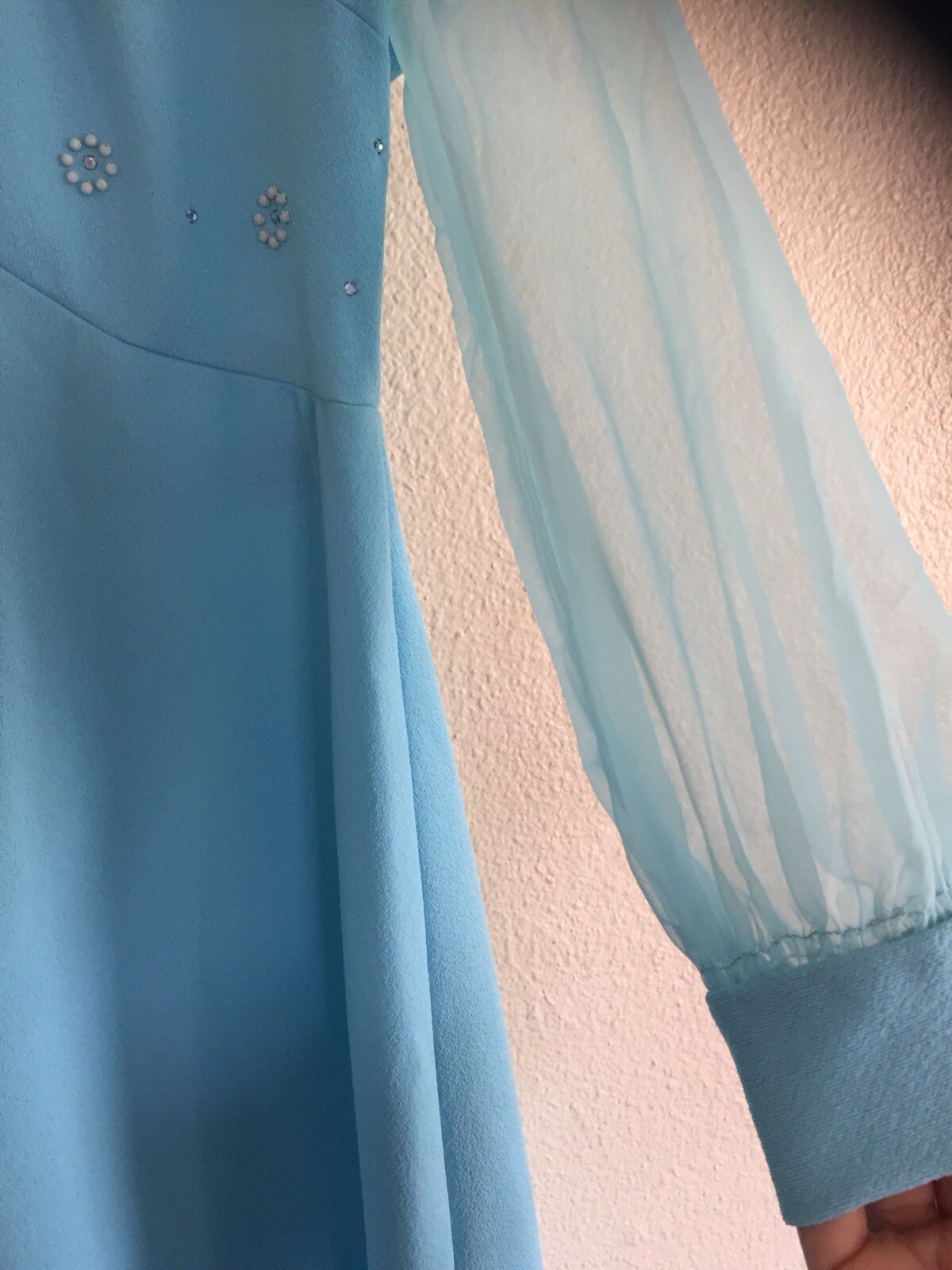 VTG Blue Maxi Dress Sheer Sleeves 1960s Retro Mod Baby Blue Party Hostess L