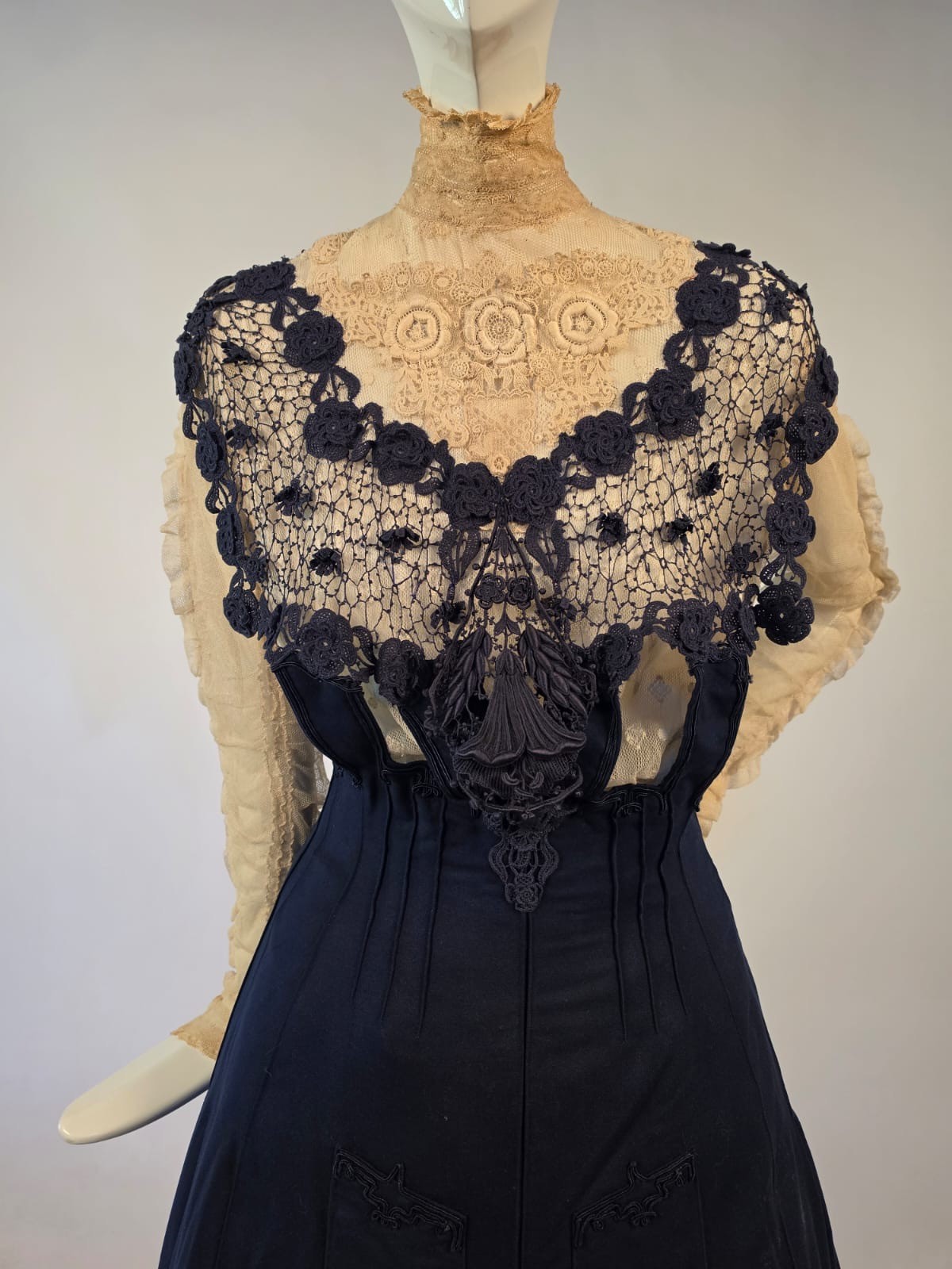EDWARDIAN BLUE CASHMERE + LACE DRESS W RUCHED IVORY NET SLEEVES