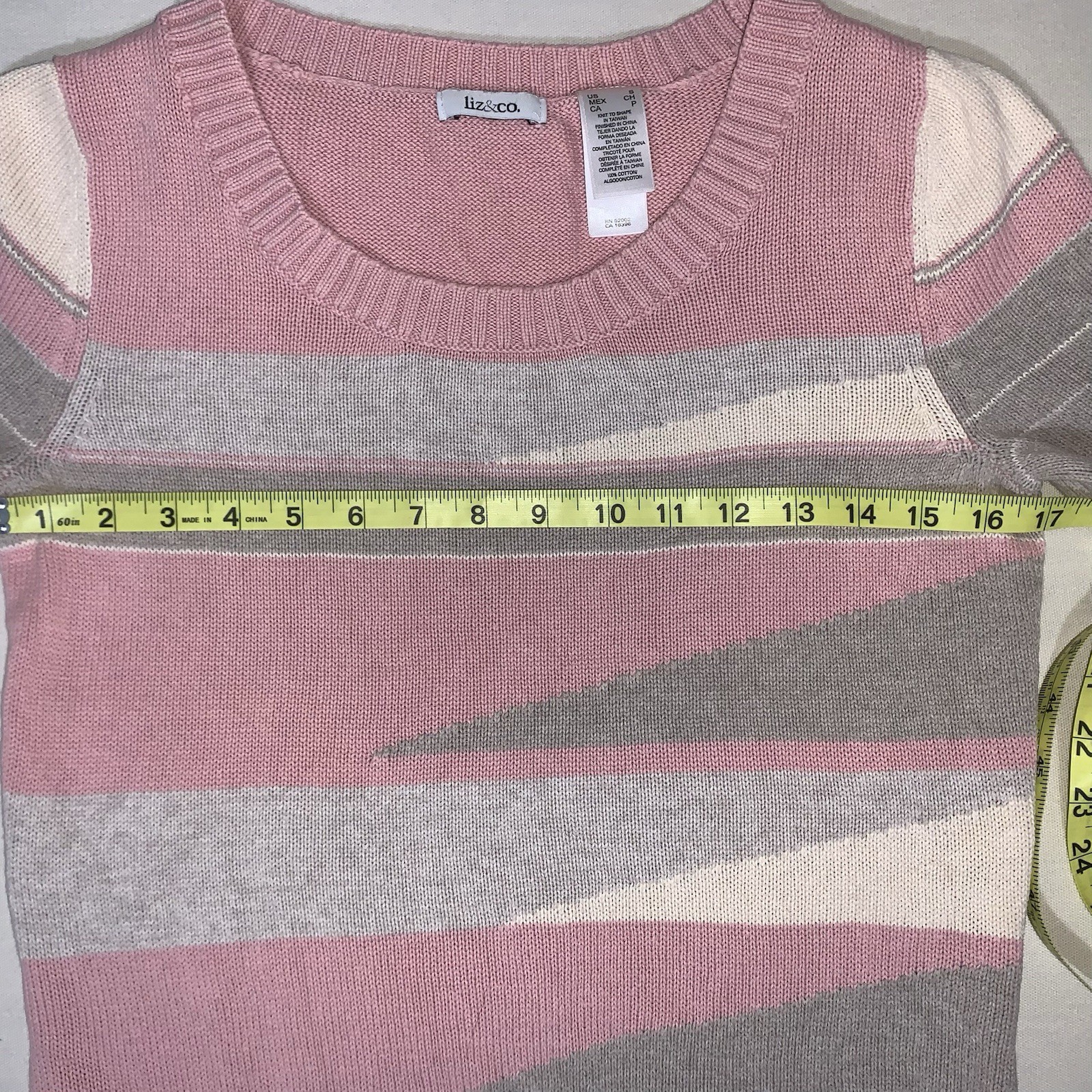 Liz And Co Vintage Sweater Women’s Pink Cream And Gray Striped Knit Small