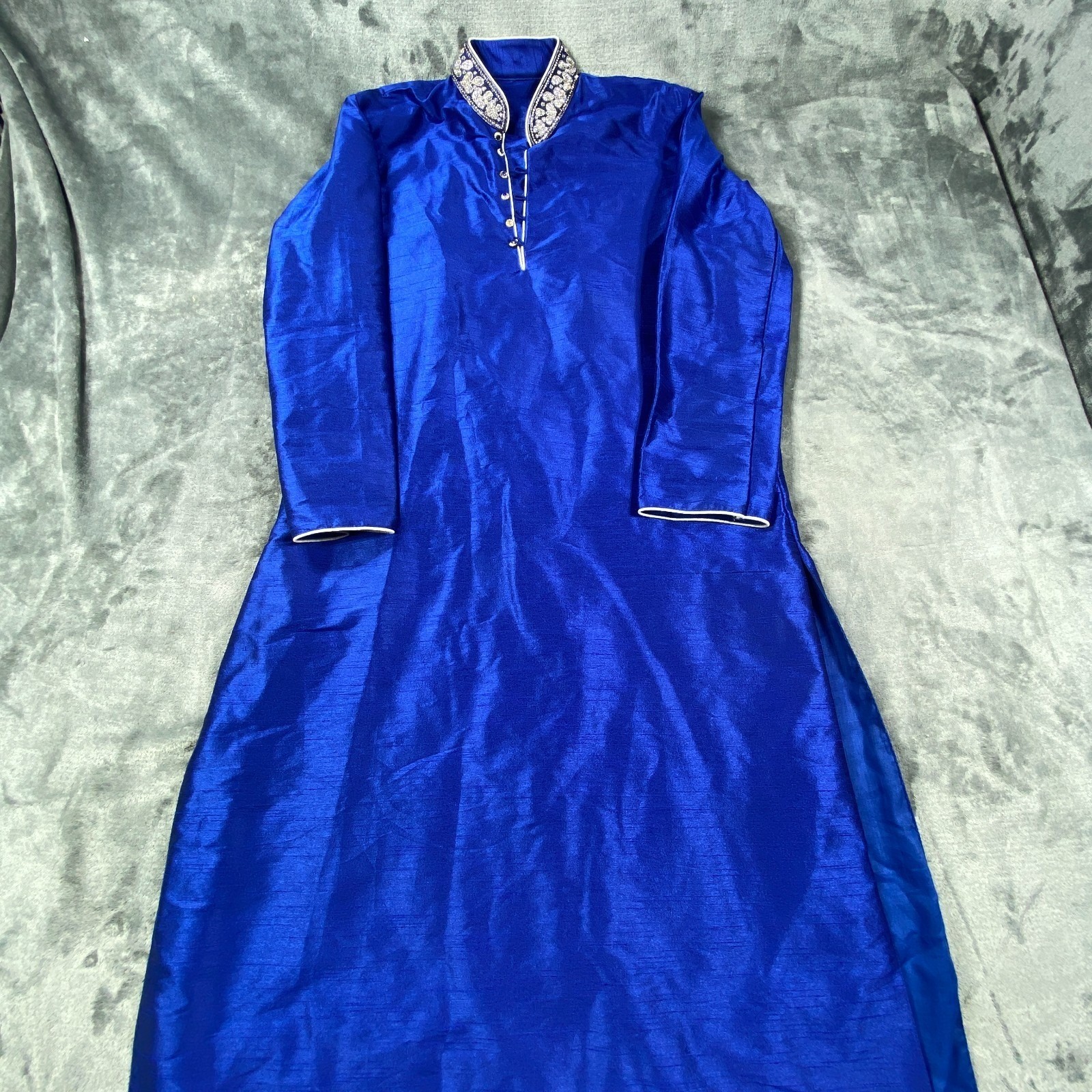 Vintage Royal Blue Embroidered Kaftan Dress Women L Formal Studded Regal Pockets
