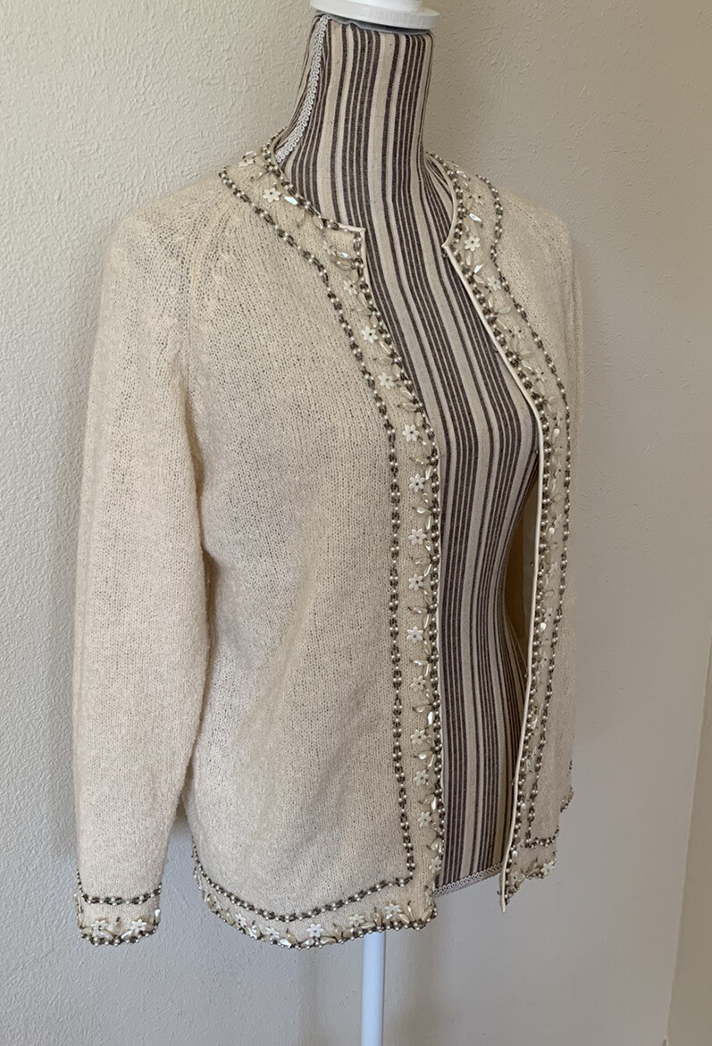 Vintage 60s Cyn Les Mid Mod Wool Beaded Preppy Retro Women’s Sweater M/L