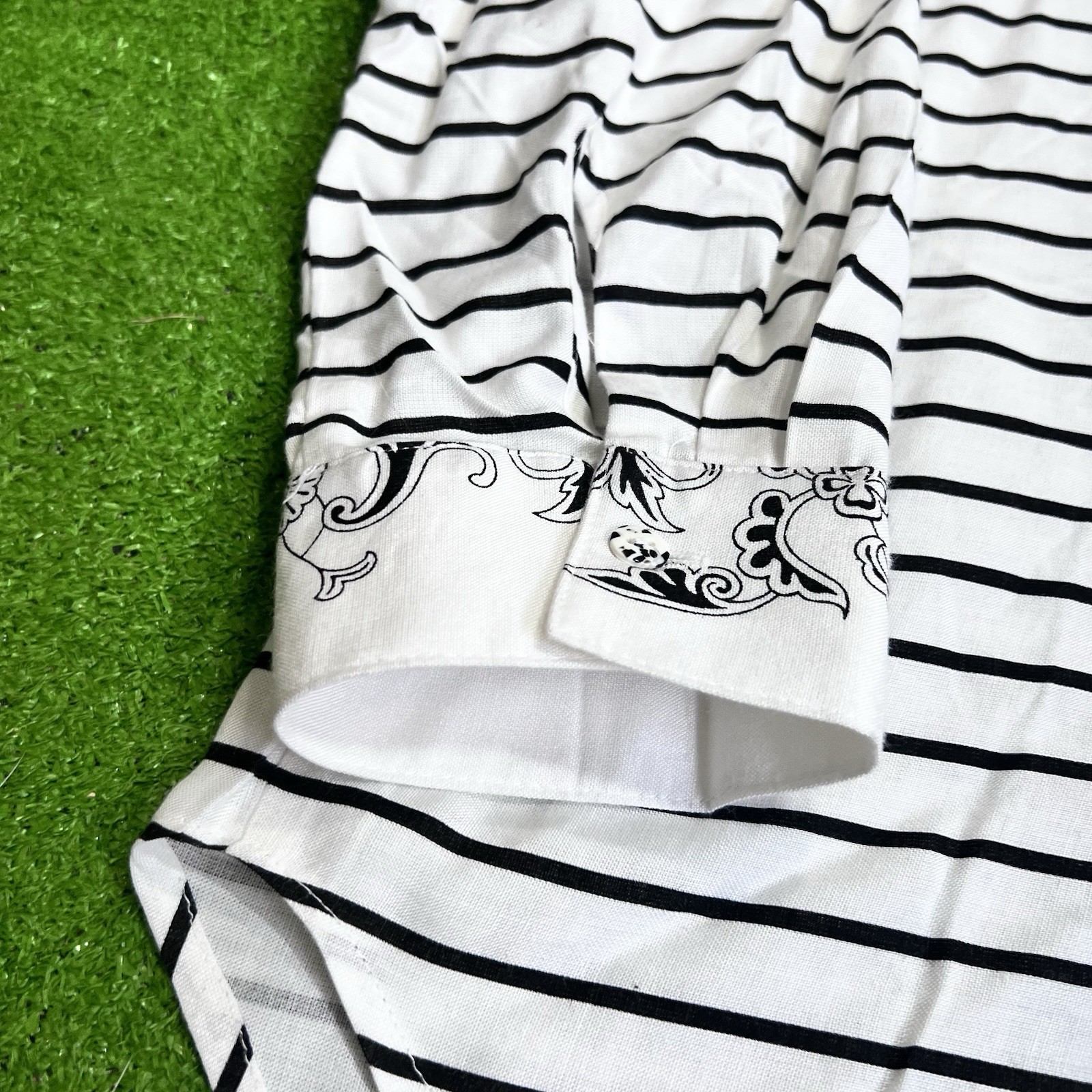 Vintage 70s Button Up 2XL Black White Stripe Floral Motif Leaf Scroll USA Made