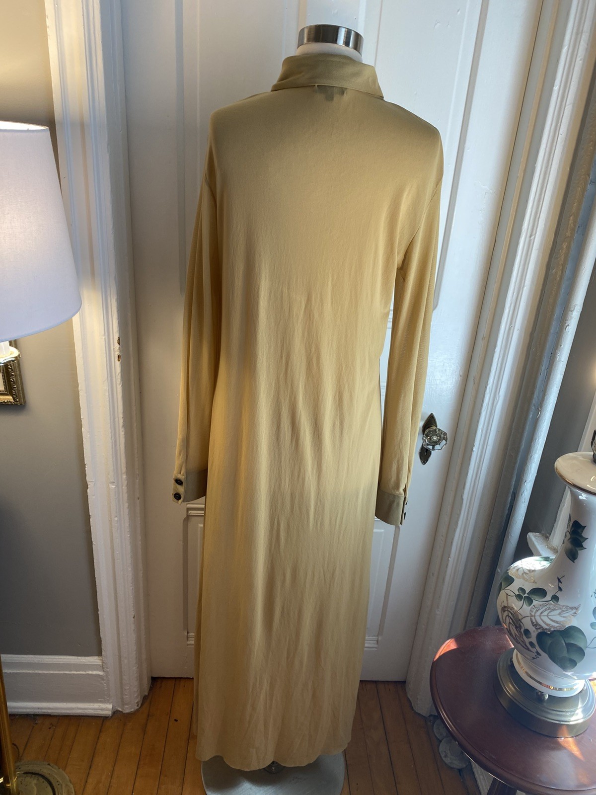 PETIT POIS BY VIVIANA G LONG A-LINE BEIGE DRESS-SIZEL-100% NYLON-BUTTON FRONT!!