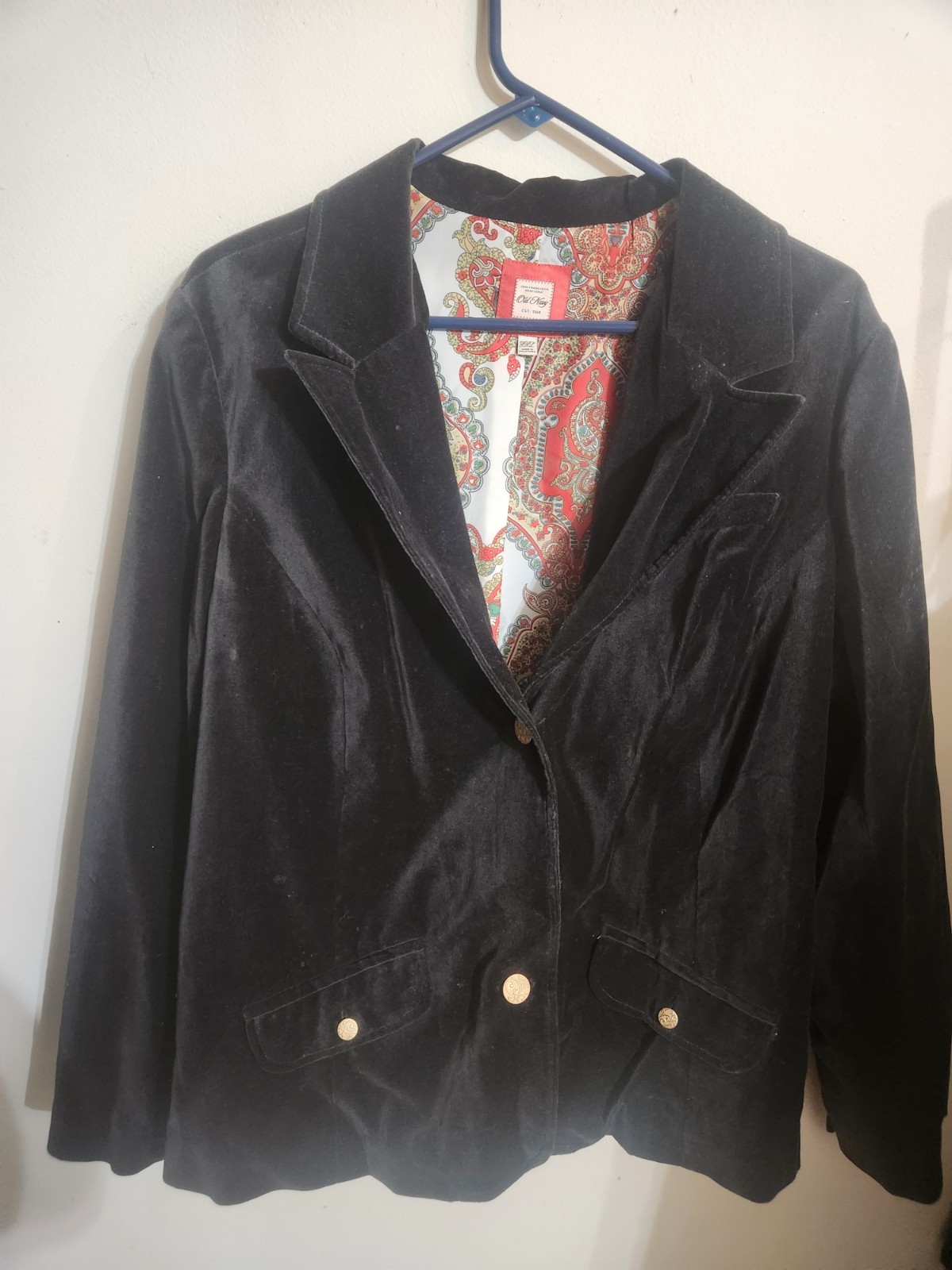 Vtg 2005 Old Navy Black Velvet Riding Jacket Blazer XXL Paisley Satin Lined Gold