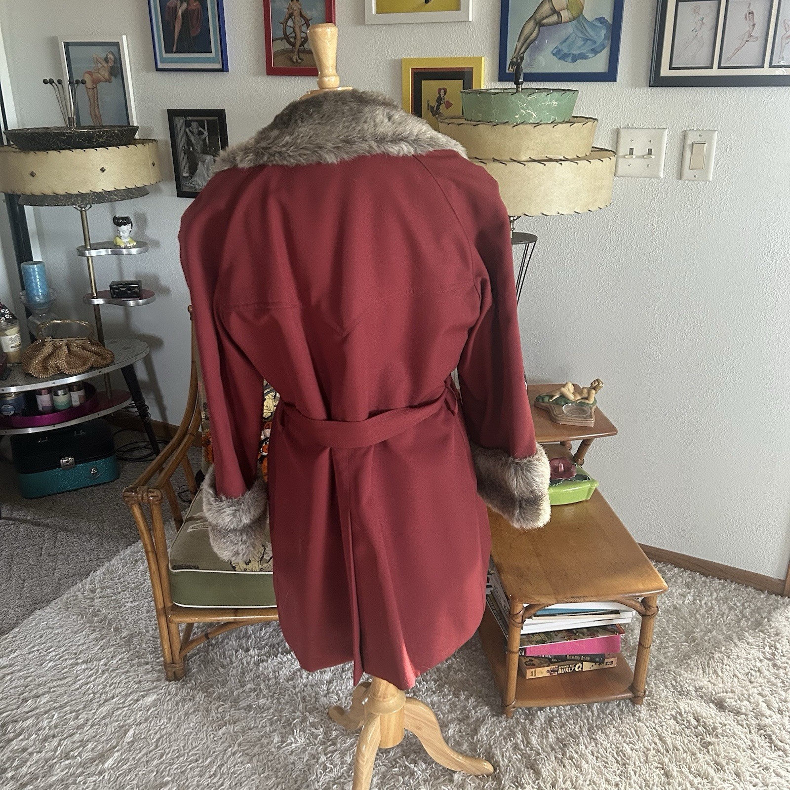 Vintage 1940s Style Coat | Burgundy Wine | Faux Fur Trim | M L | 40s 70s