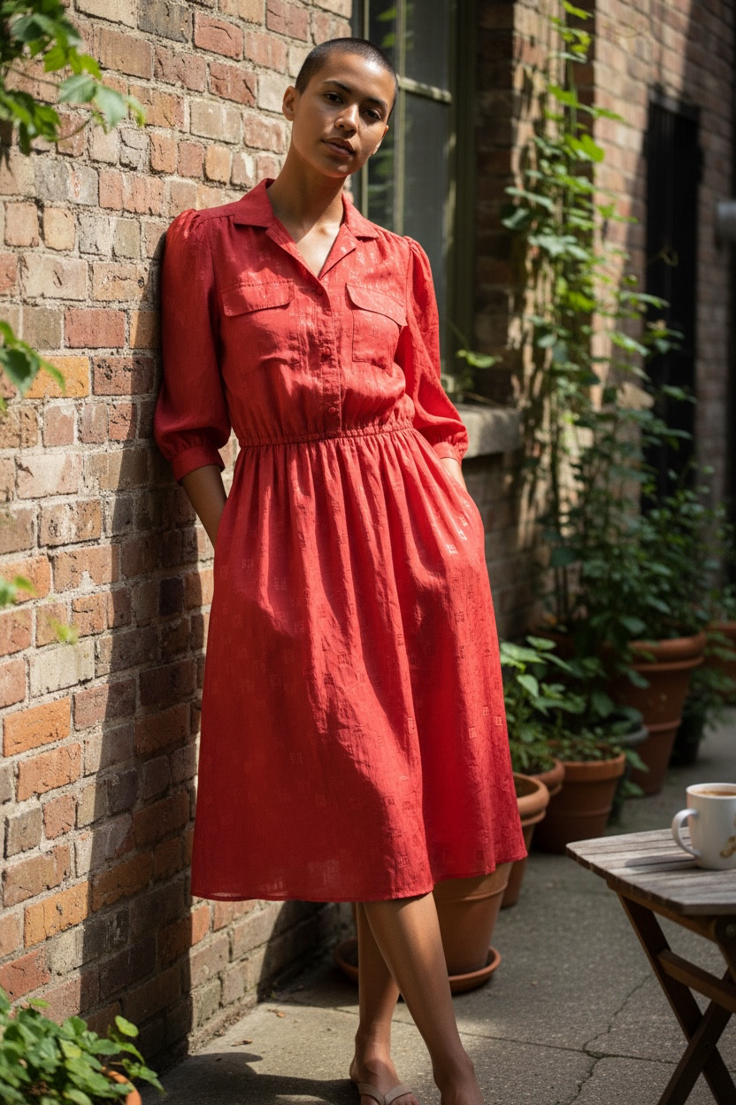 Vintage Sabino women’s red dress 3/4 length sleeves ,collar, button down front