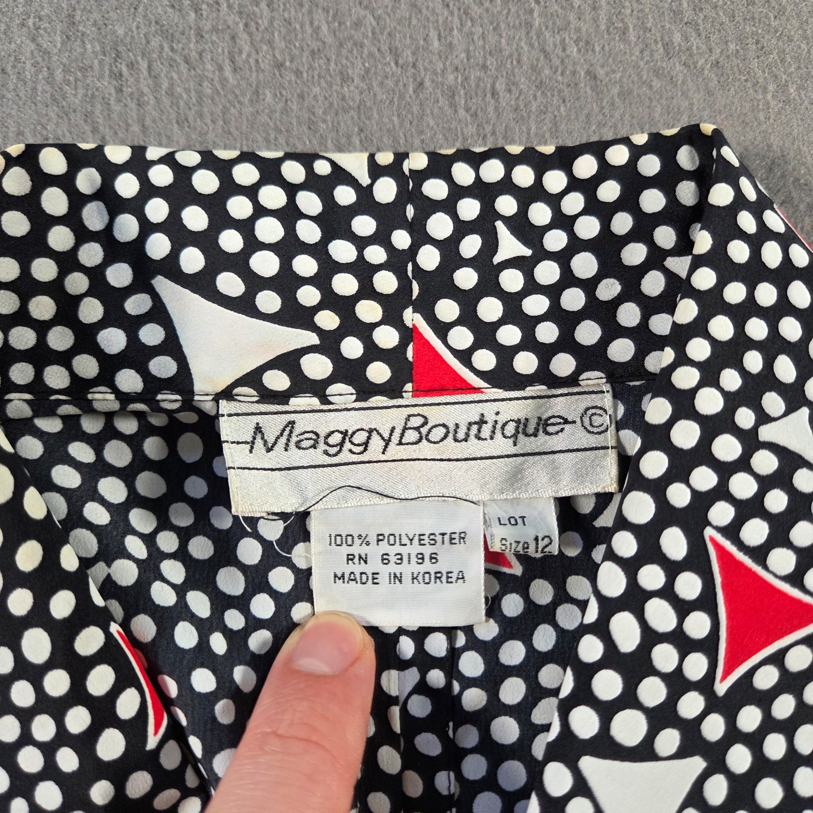 Vintage 80s Blouse Womens 12 Medium Black Polkadot Geometric Puff Sleeve Shirt