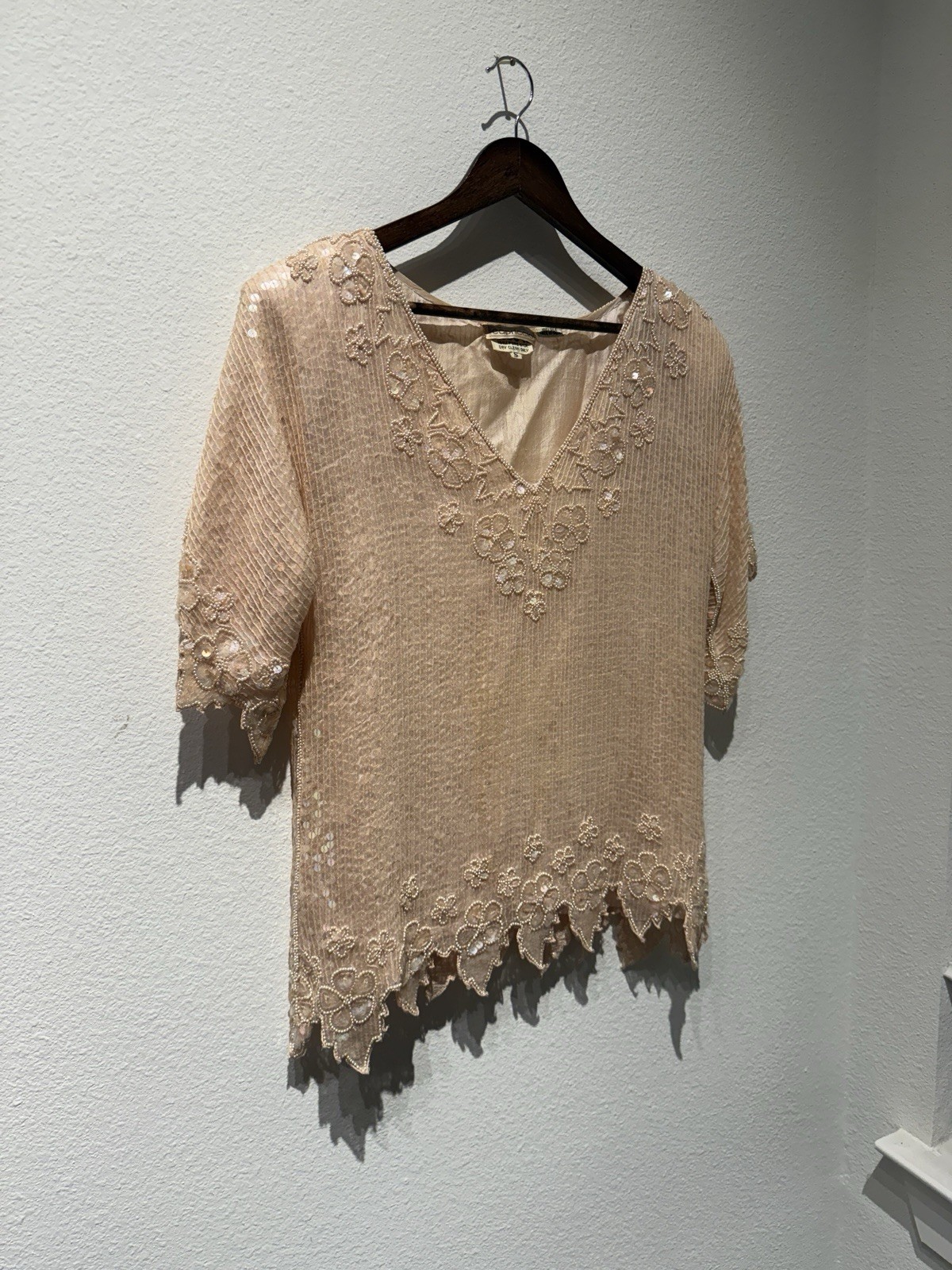 Vtg 80’s Capriccio Women’s Floral Sequin Silk Top Scalloped Art Deco