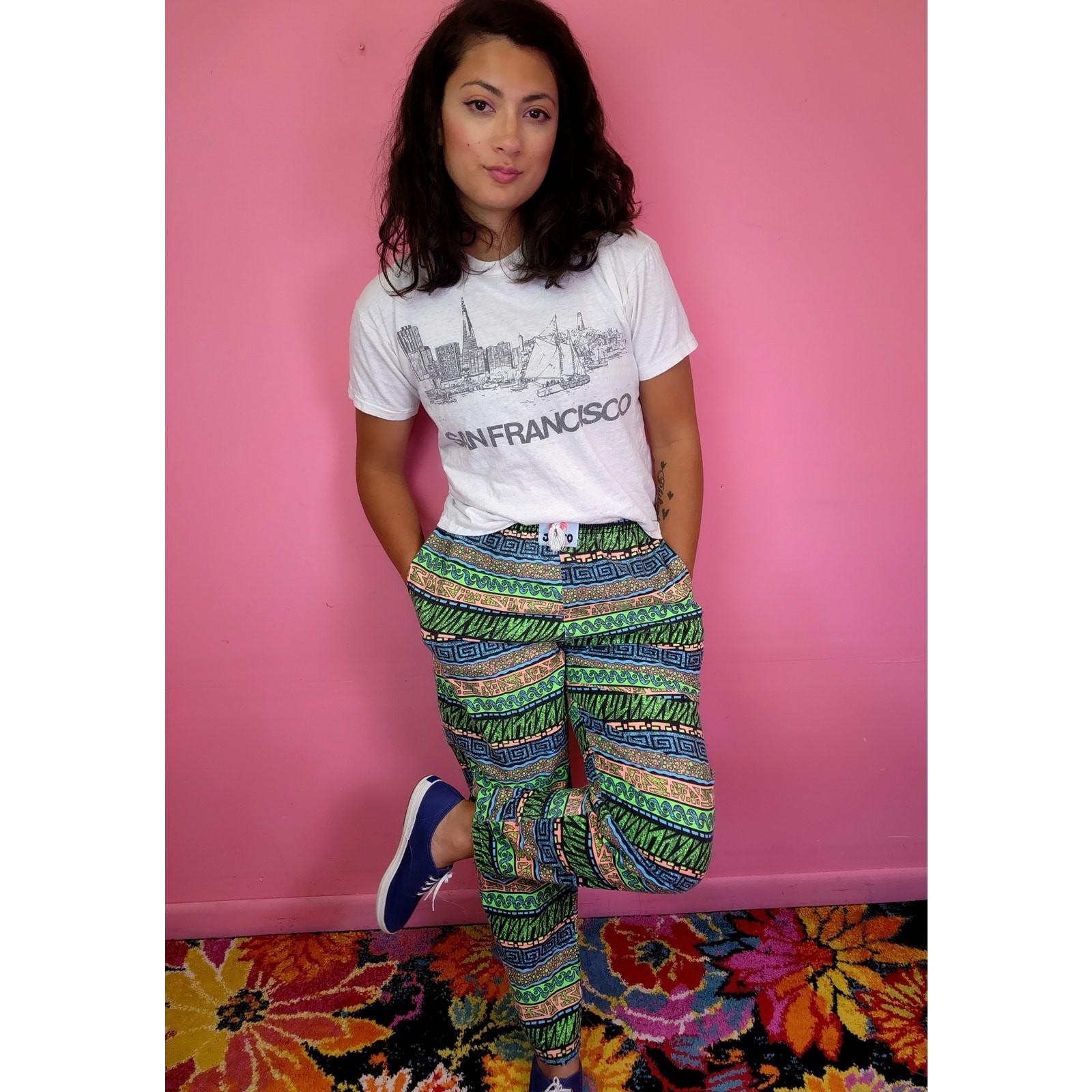 Vintage 1980’s/1990’s JoJo Green Pink Abstract Surfer Muscle Parachute Pants