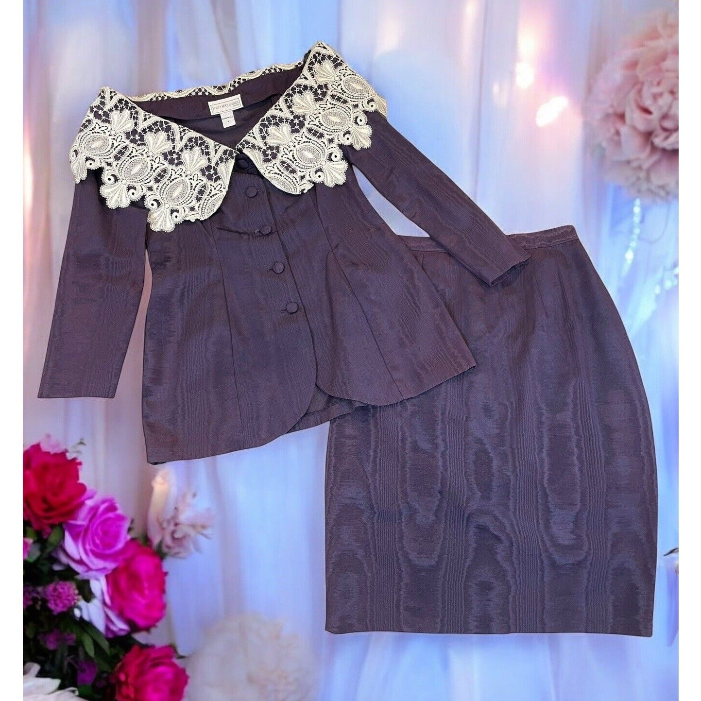 VTG 80s 90s Scott McClintock 2 Piece Skirt Suit Sz 8 Purple Taffeta Lace Collar
