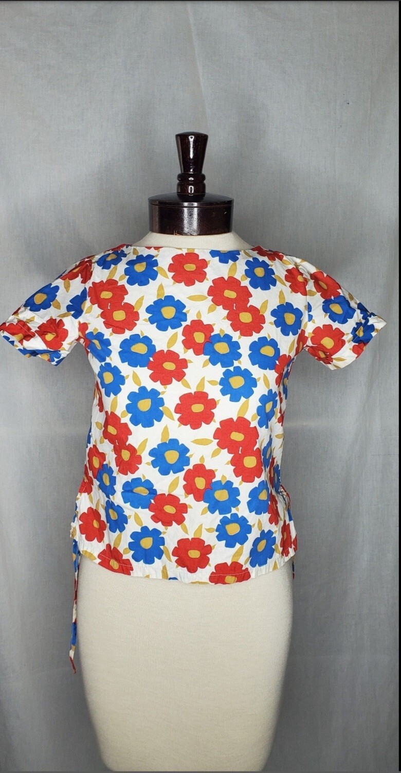 Vintage 1950s Large Floral Print Side Tie Blouse Juniors Medium Size 10