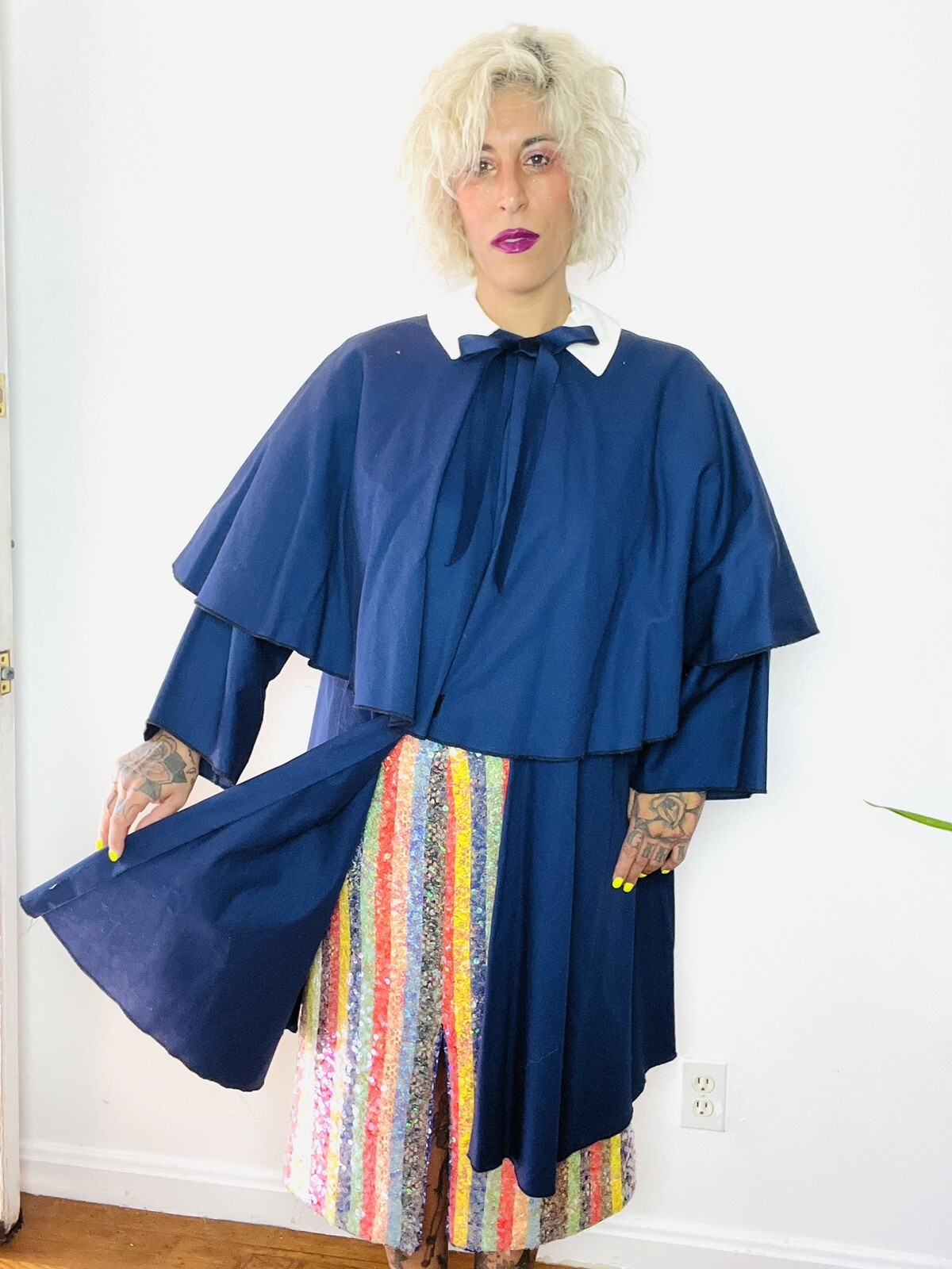 1980’s 80s Cotton Faille Oversized CAPE Peter Pan Collar Vintage Swing Coat L XL