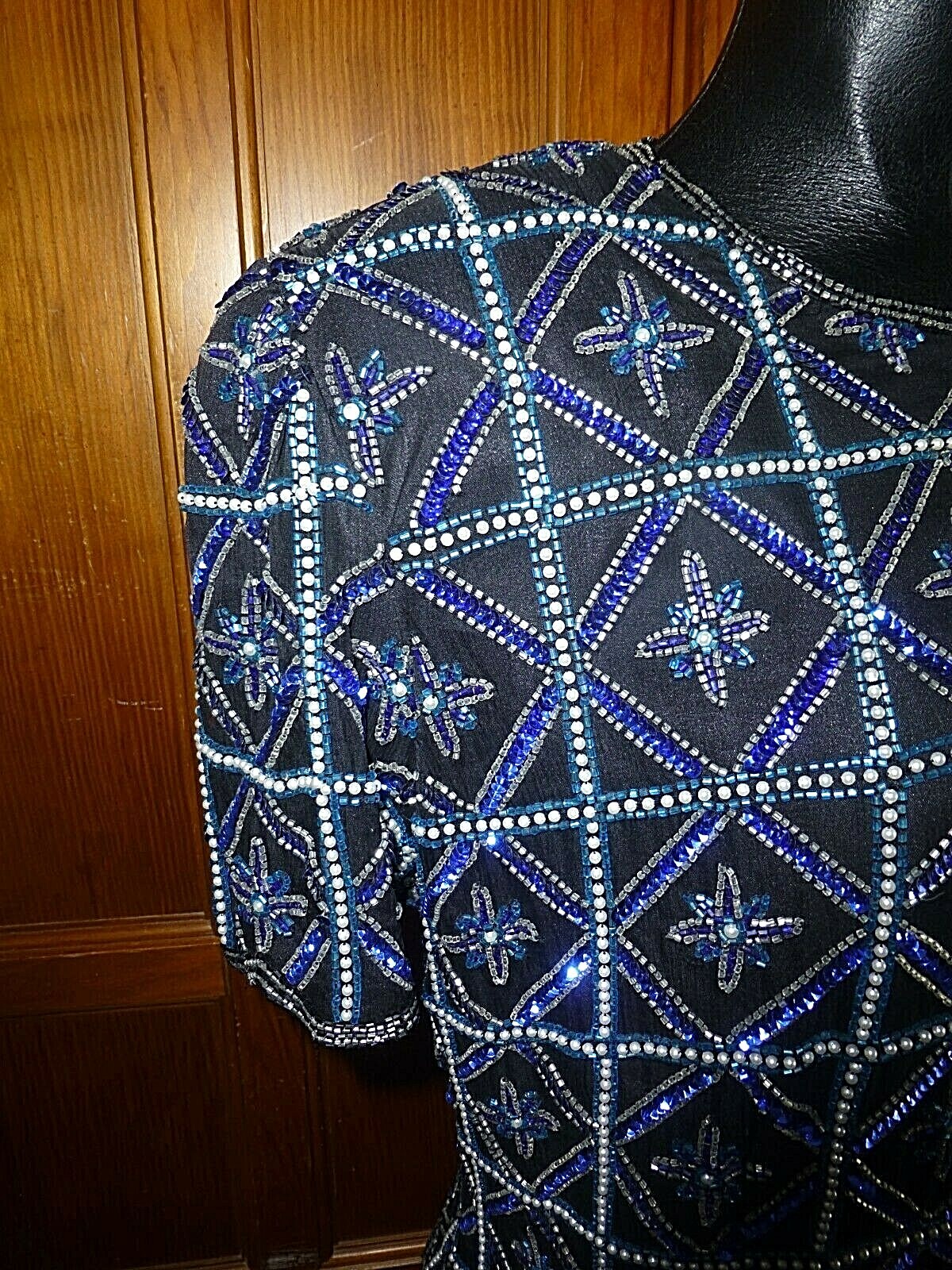 Vtg Royal Blue SEQUIN Beads Pearl Embroidered SILK Evening Party Top Blouse PL
