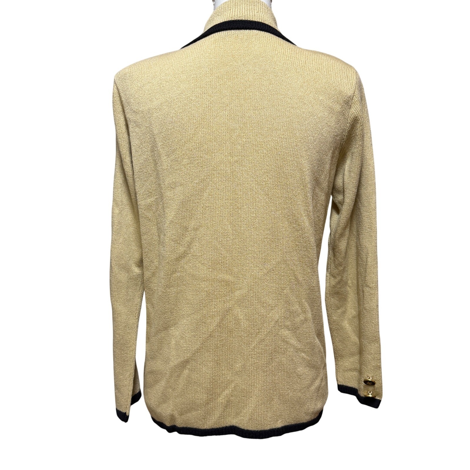 Laura by Alyzia Vintage Tan Black Knit Cardigan Gold Button Sweater Size L USA