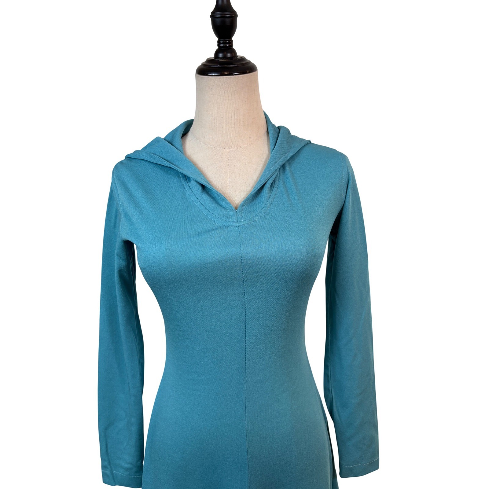 Vintage 70s Jody of California Teal Blue Hooded Maxi Dress Long Sleeve Gown