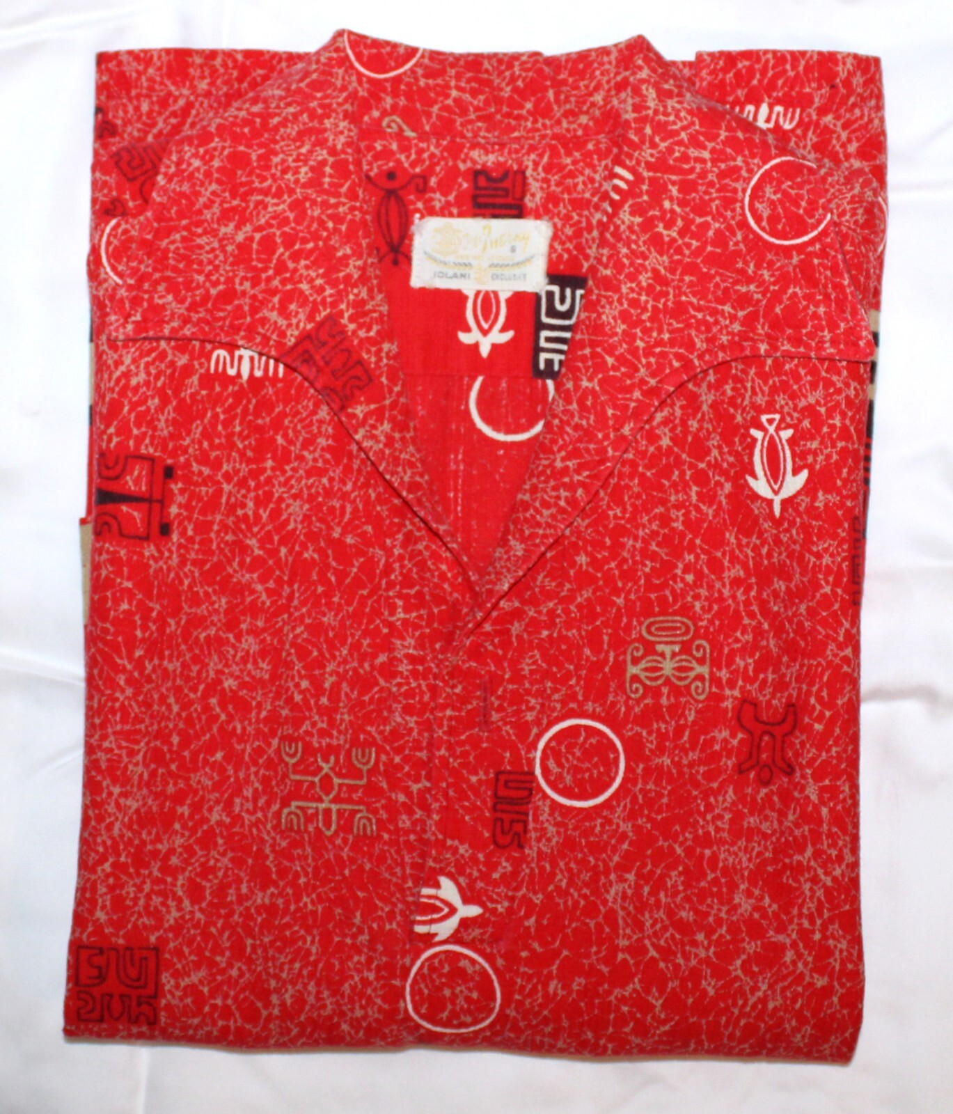 Iolani Hawaiian Shirt Red White and Brown Original Tag 3/4 Sleeve