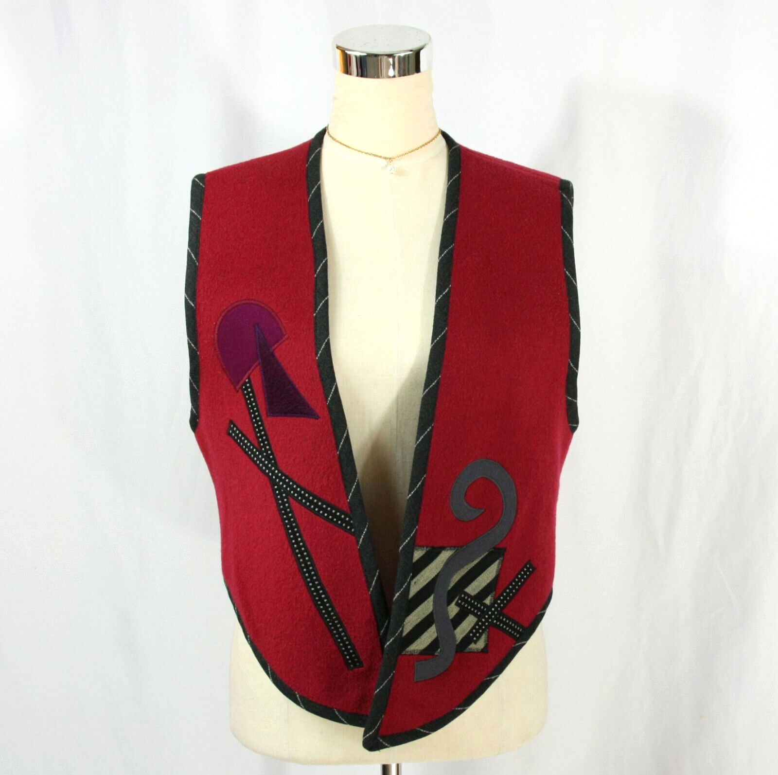 Vintage Beppa 2 Maroon Red Geometric Art New Wave Wool Felt Open Vest 1980s